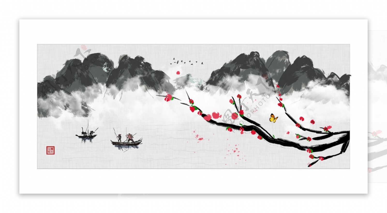新中式写意大笔触板绘桃花横式装饰画