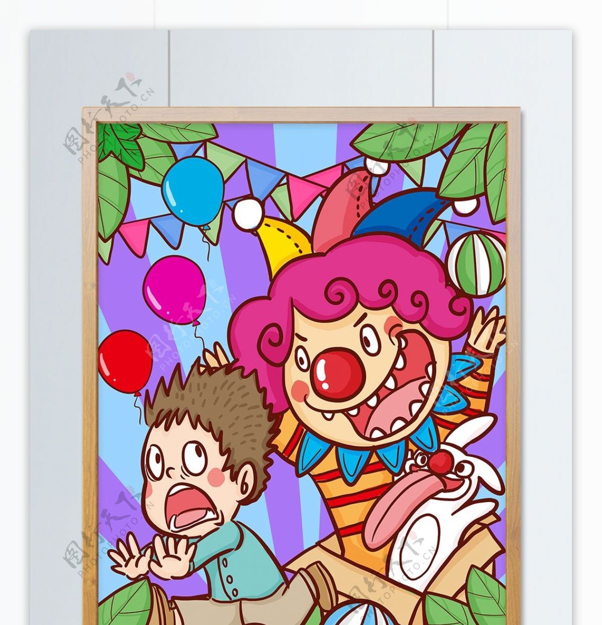 愚人节小丑跳出箱子吓坏孩子们乐坏人们手绘