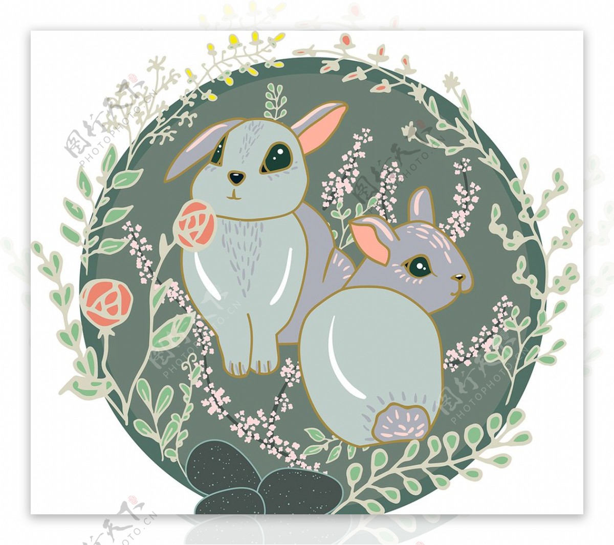 小兔子玫瑰花草环图案设计