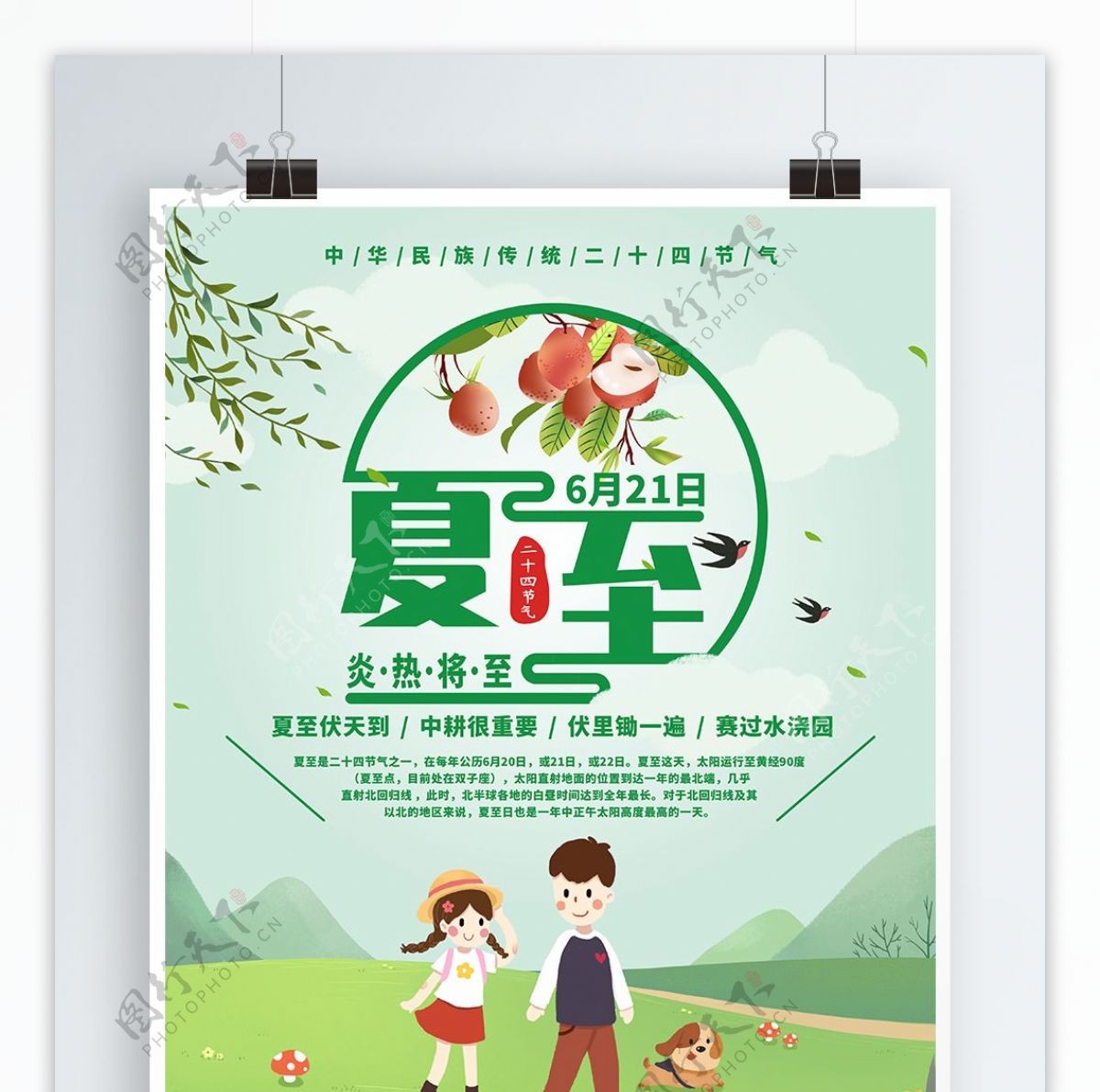 绿色小清新中国传统二十四节气夏至节日海报