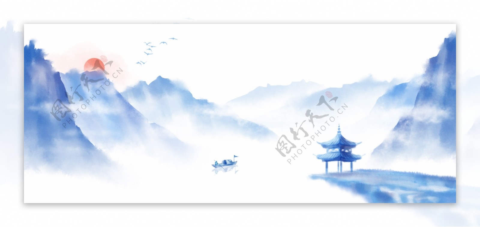 中国风手绘水墨风景山水画