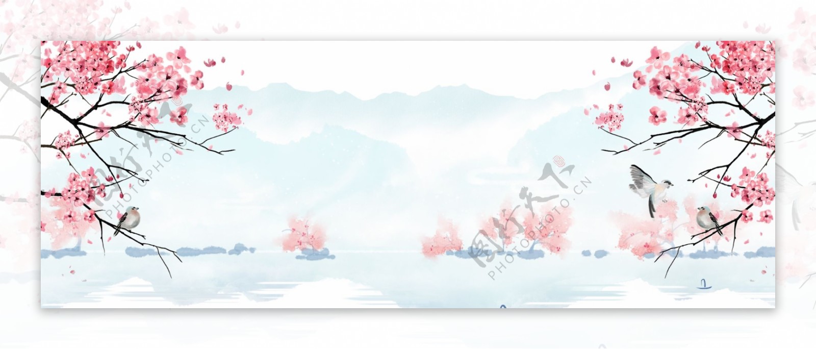 粉色樱花湖泊海报背景