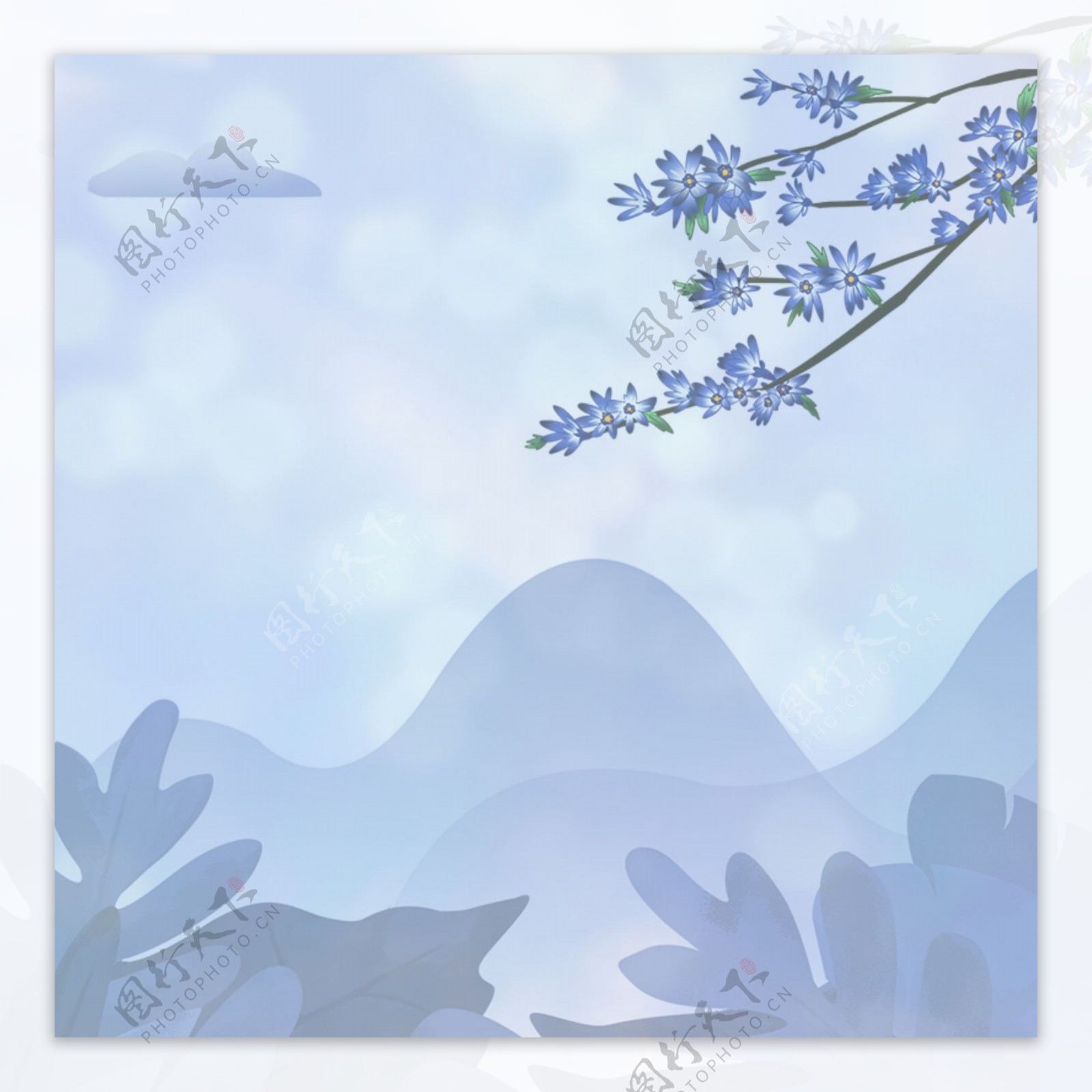 中国风水墨白云中的美丽桃花与花瓣背景素材