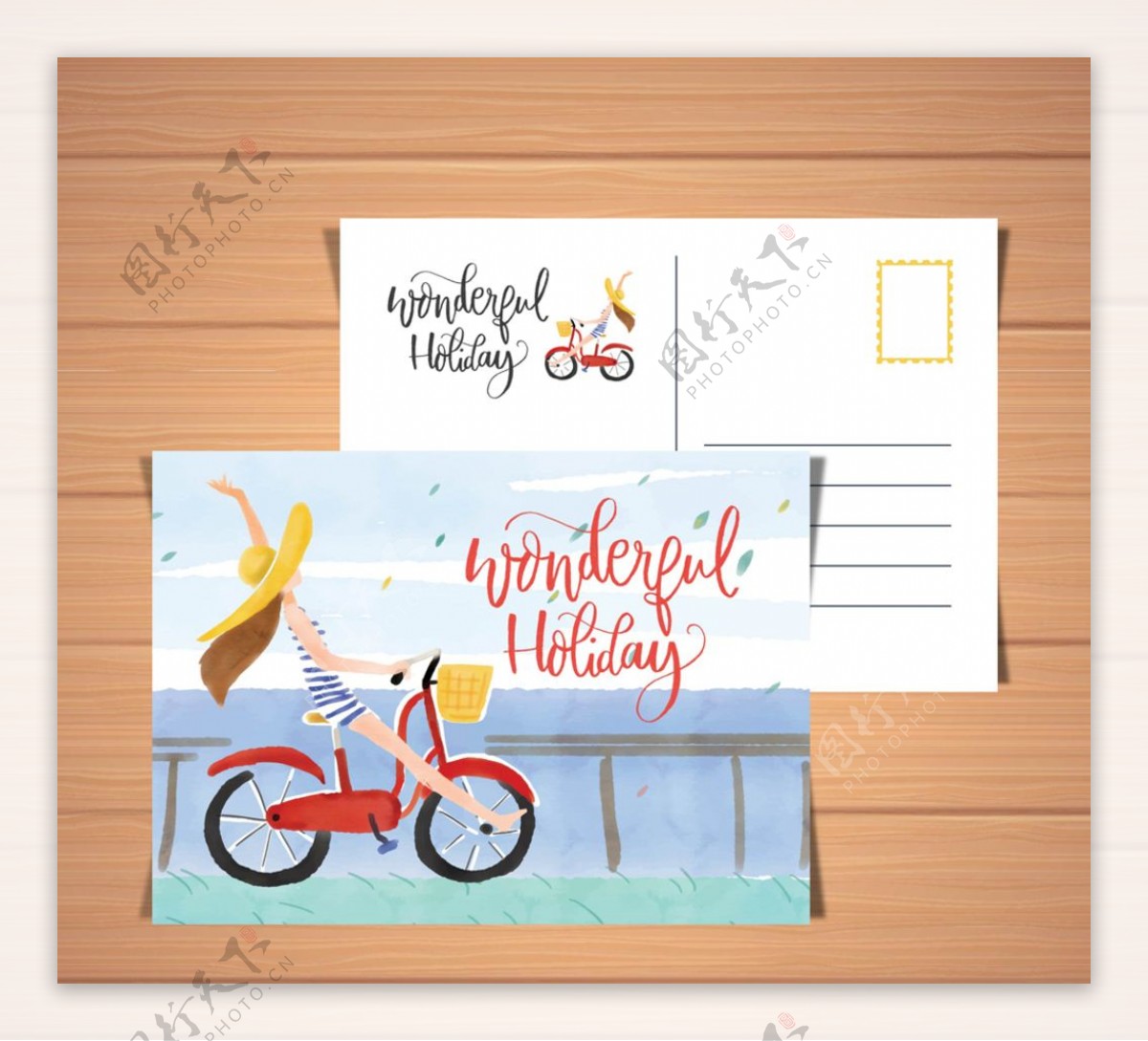 彩绘海边骑单车女子明信片
