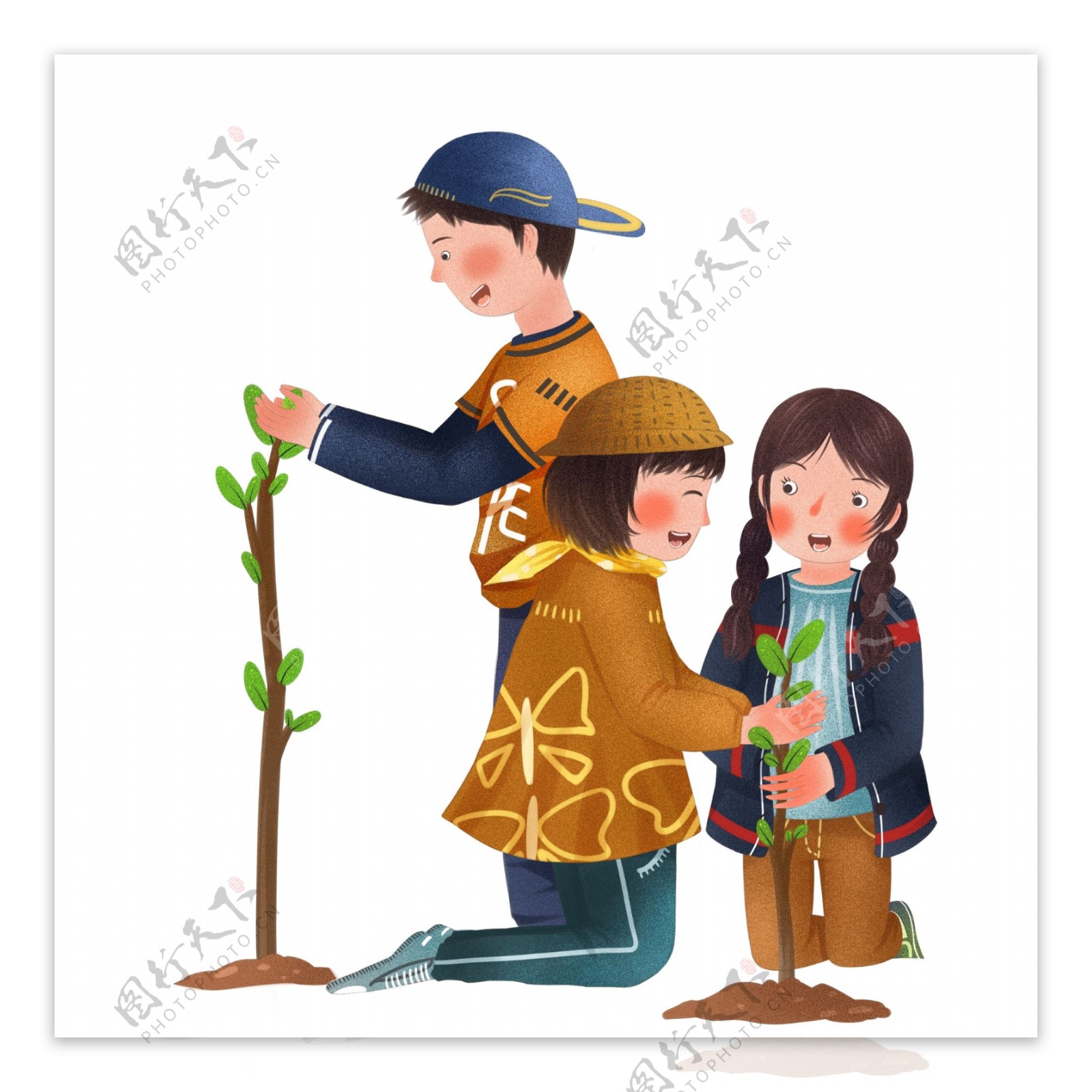手绘可爱植树节种树的三个小孩