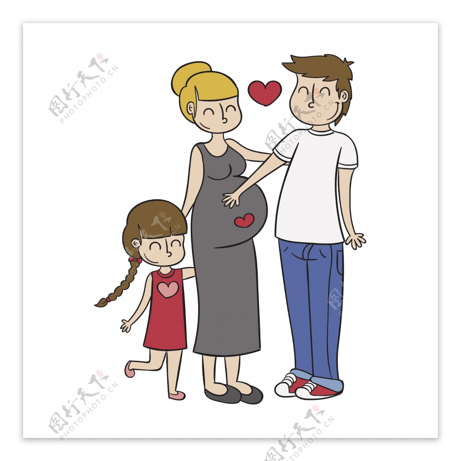手绘怀孕的母亲和爸爸孩子矢量素材