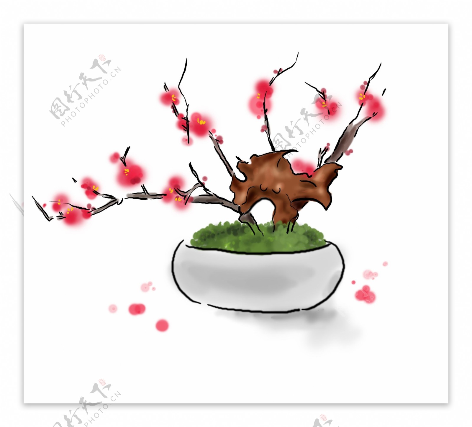 中国水墨手绘梅花盆景