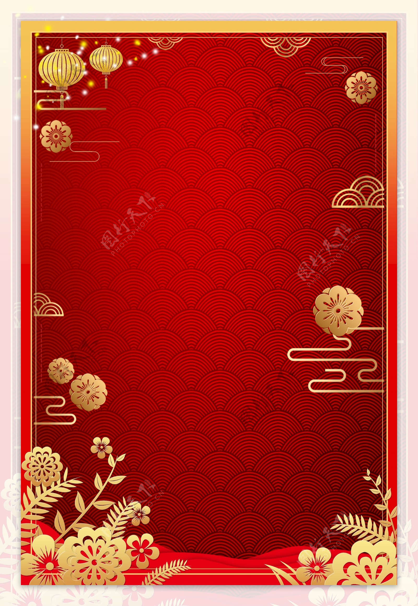 简约红金中国风底纹边框背景