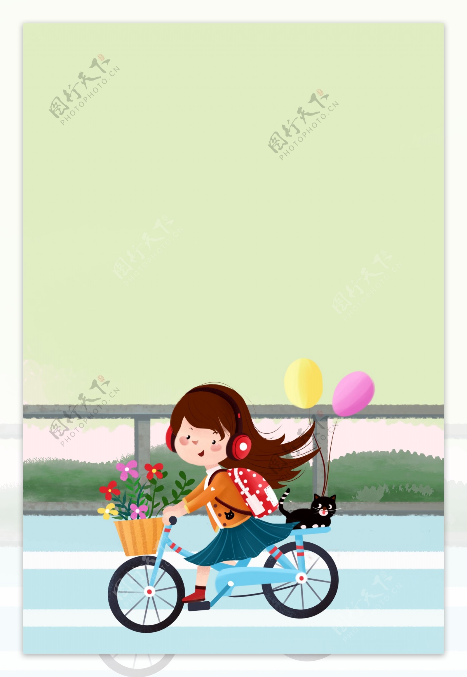 立春之可爱女孩自行车郊游插画海报