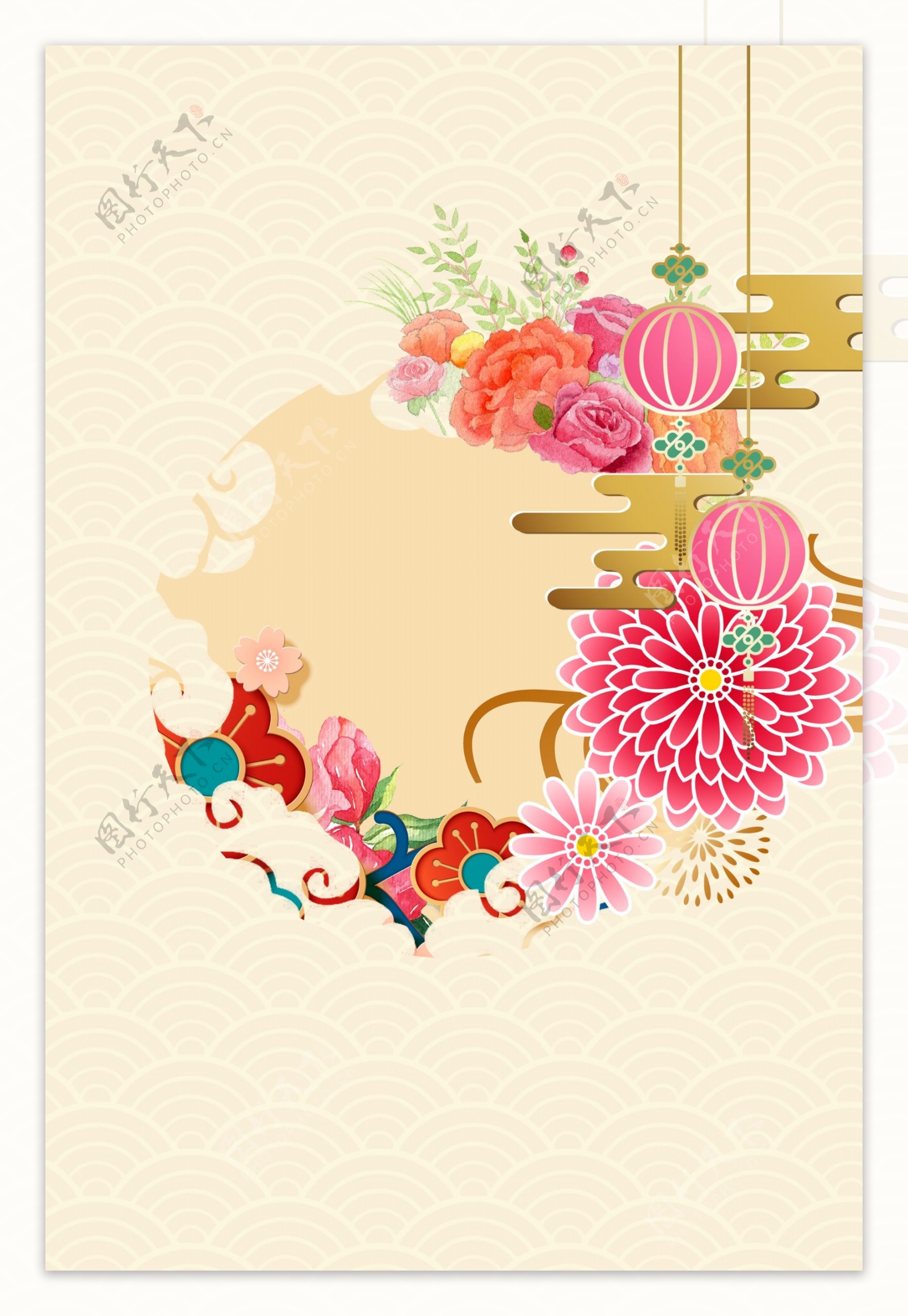 新年签小清新中国风古典底纹背景海报