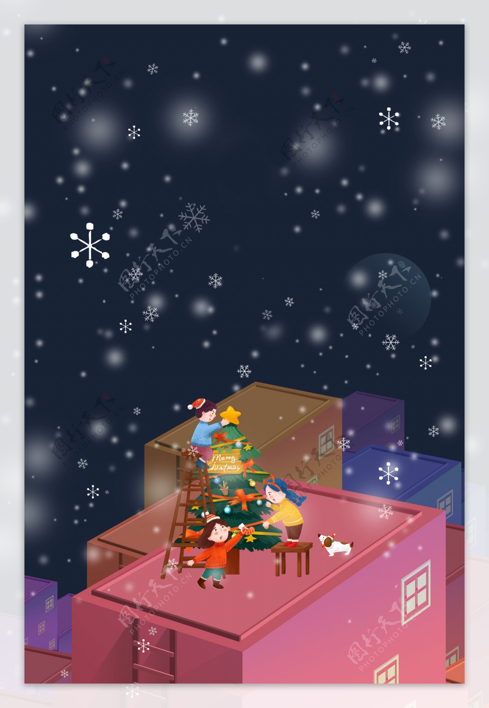 圣诞节创意屋顶装饰插画海报