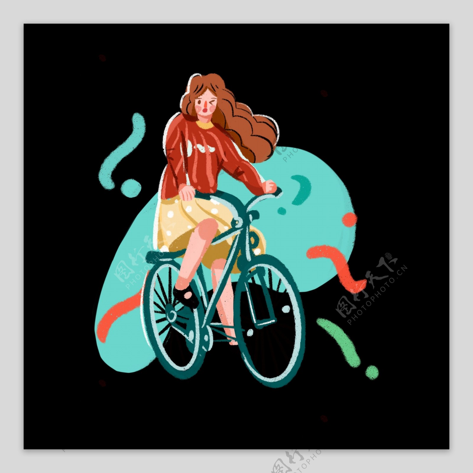 一个骑车回家的女孩手绘插画风png免抠素材