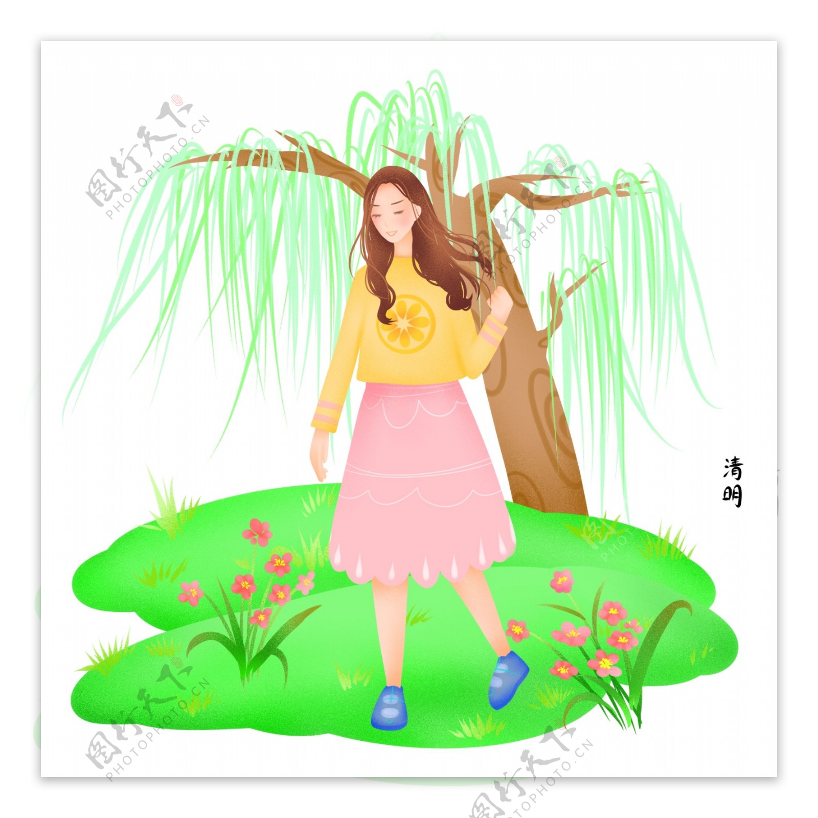 清明柳树下的女孩插画