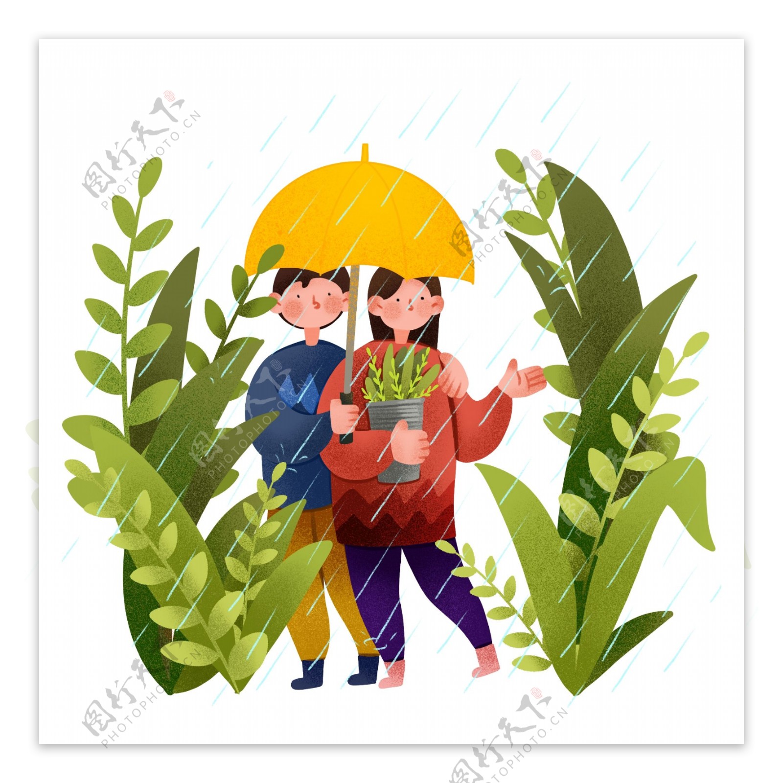 谷雨打伞的情侣插画