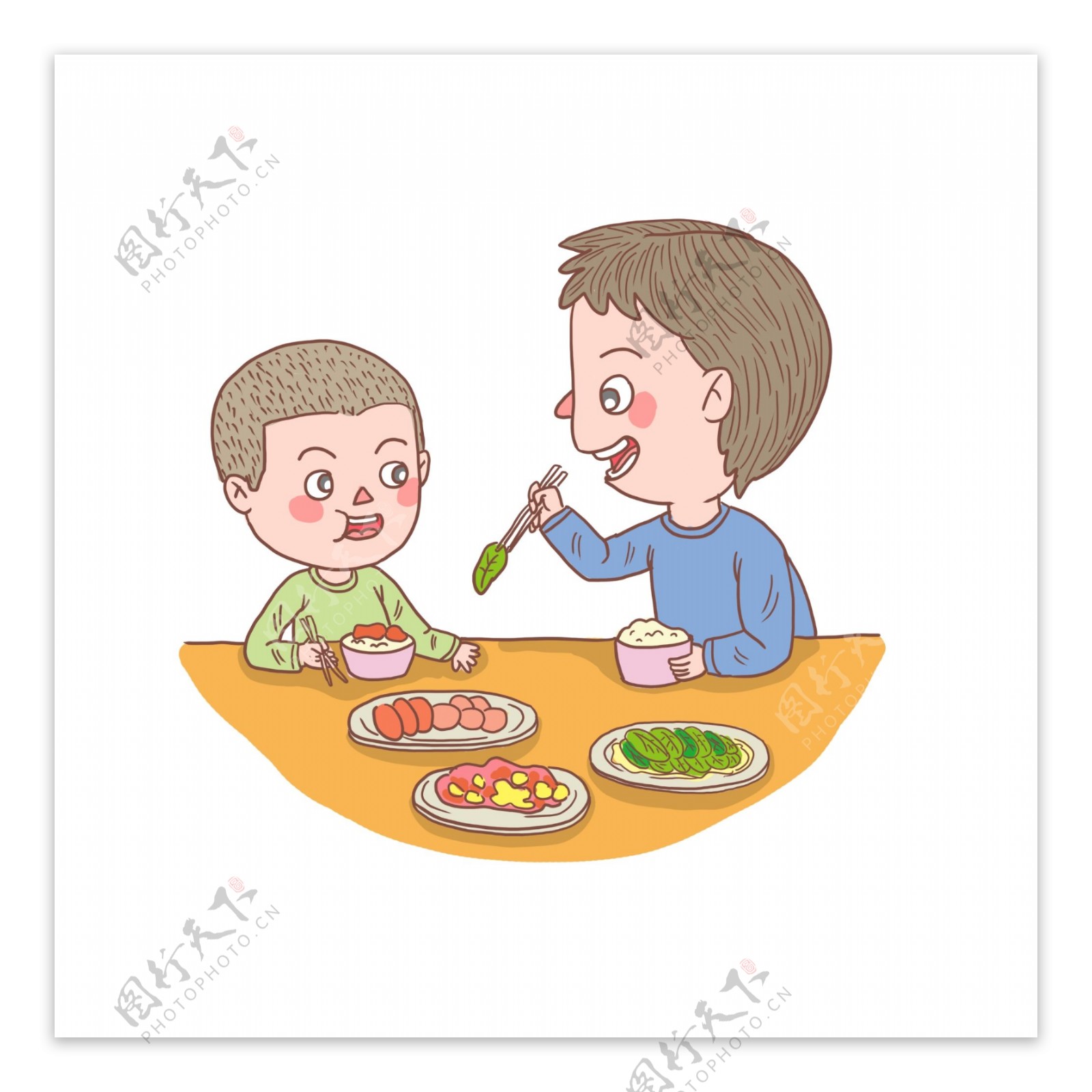 卡通手绘人物父亲和儿子吃饭