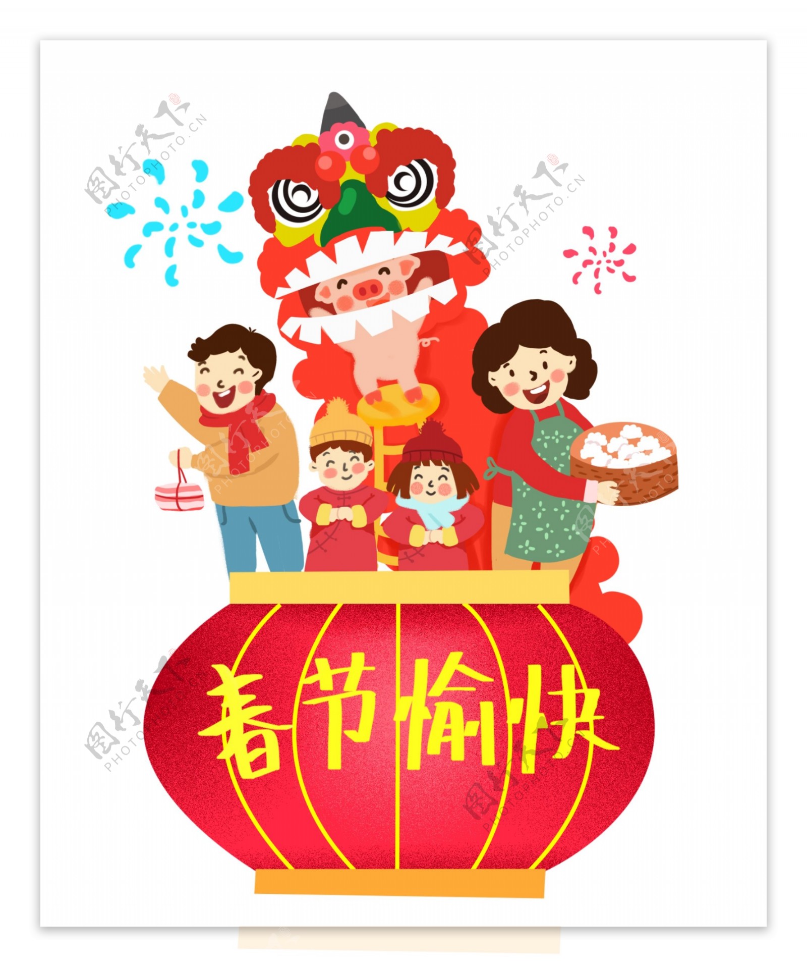春节卡通手绘暖系小清新风格庆祝春节一家人