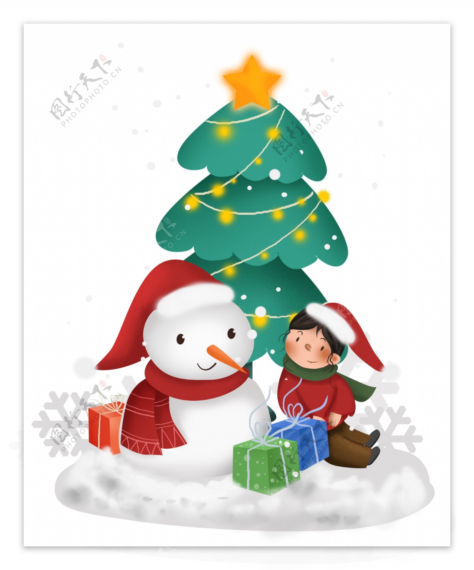 圣诞节圣诞树雪人和儿童