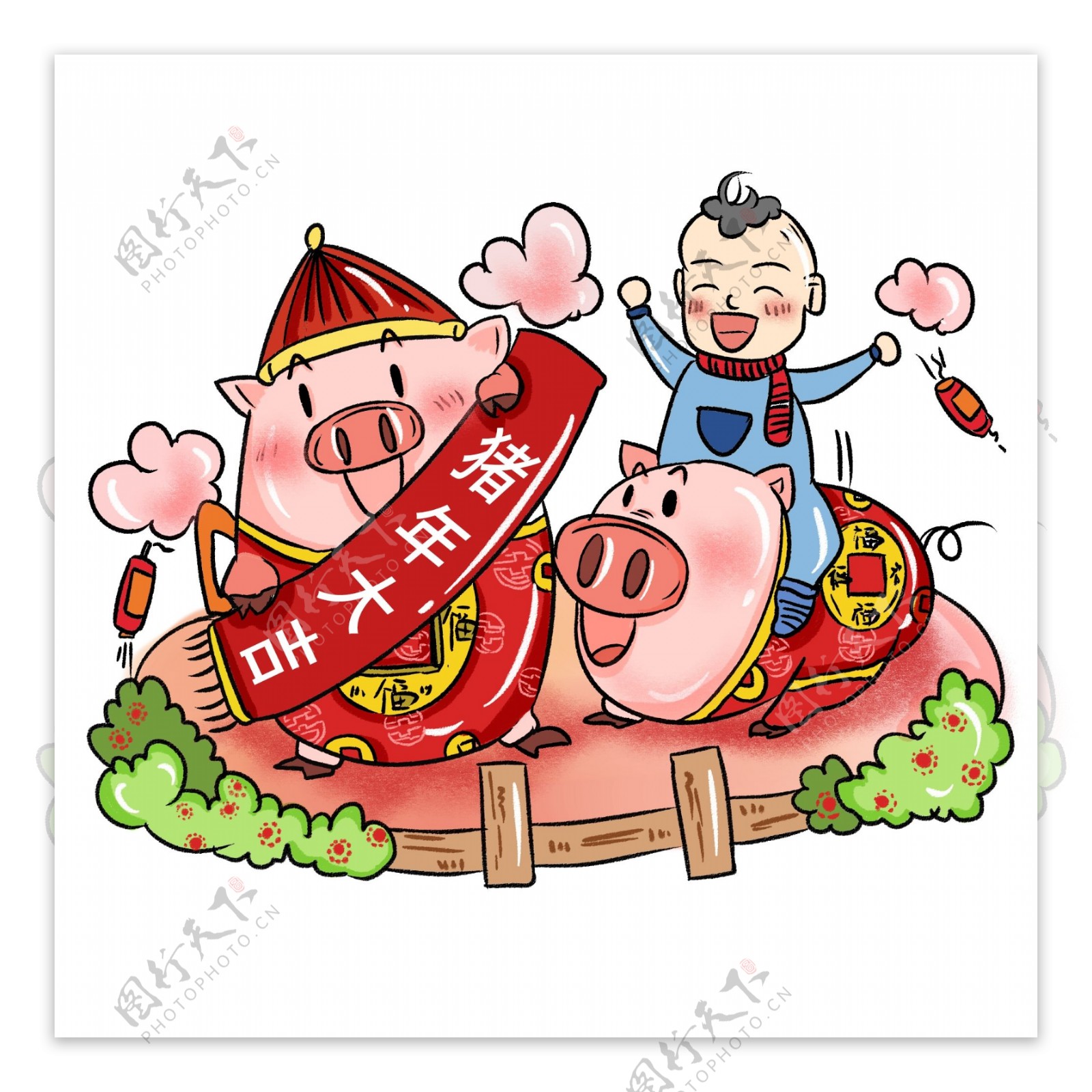 猪年手绘风拿着对联的拜年猪猪组合骑猪猪的小男孩