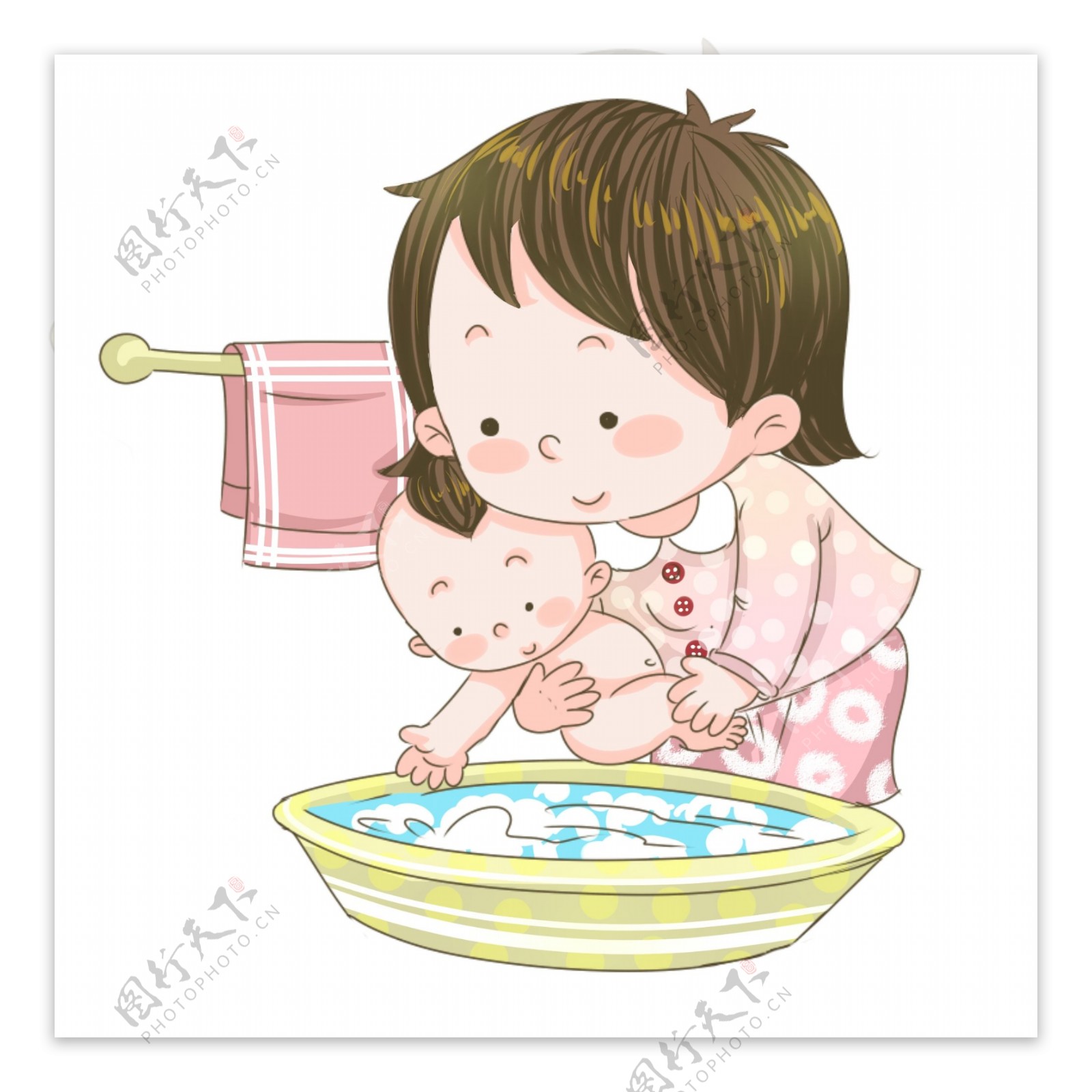 手绘母亲给婴儿洗澡插画