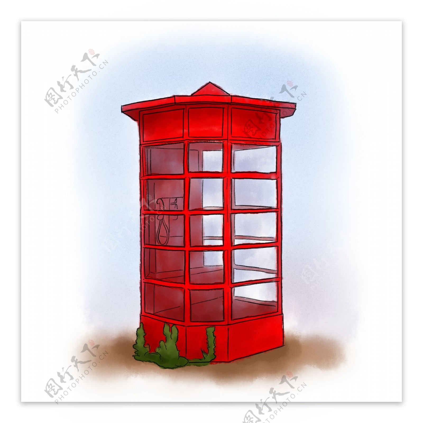 手绘水彩红色复古电话亭
