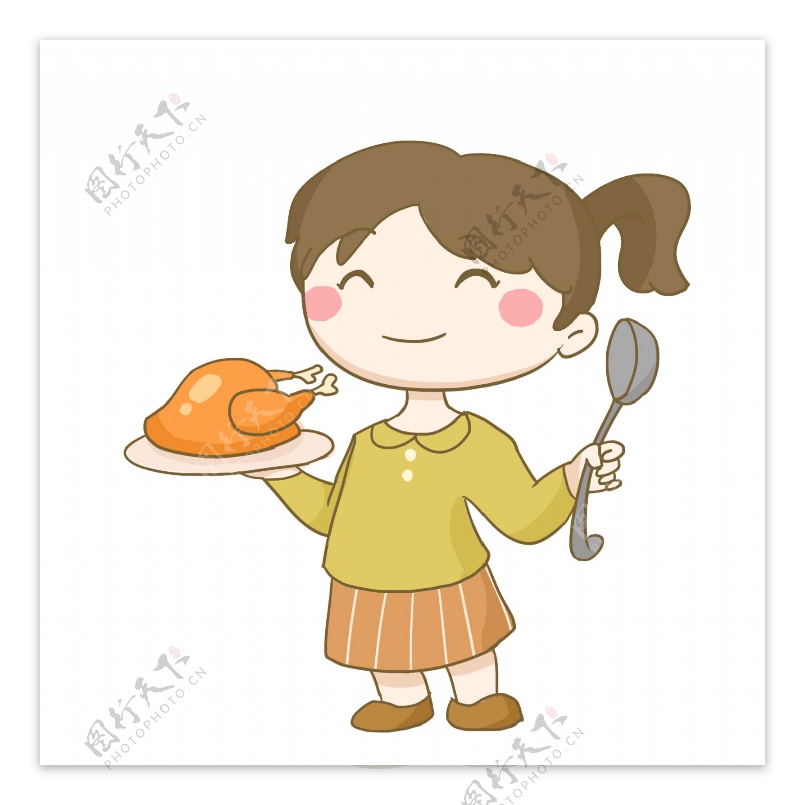 感恩节端着一盘火鸡的女孩免抠PNG素材