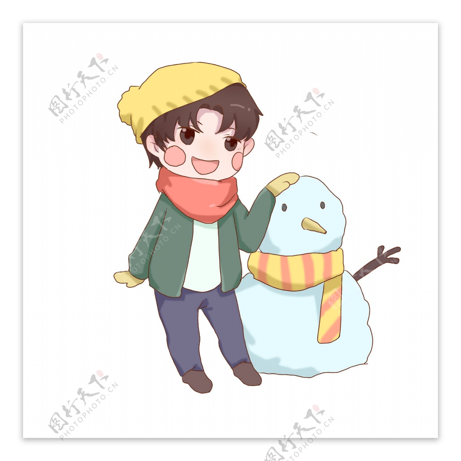 立冬时节带黄帽子的男孩与雪人合影