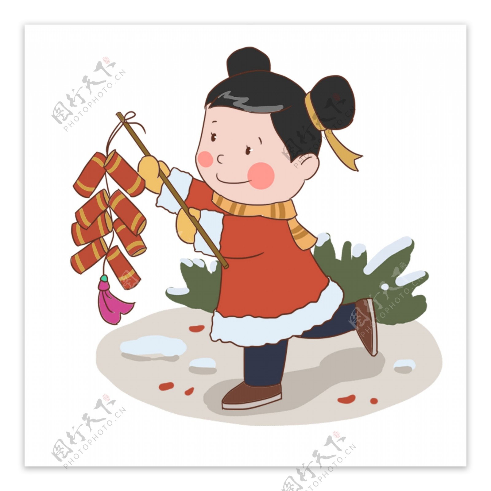 手绘红色中国风新年快乐儿童插画