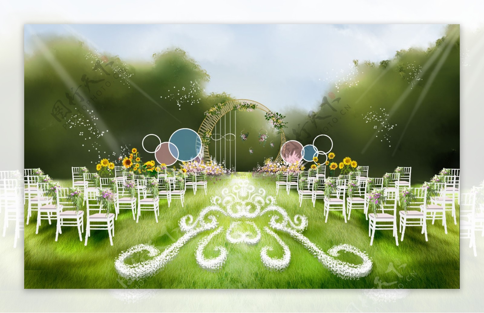粉蓝色棒棒糖主题户外草坪婚礼效果图