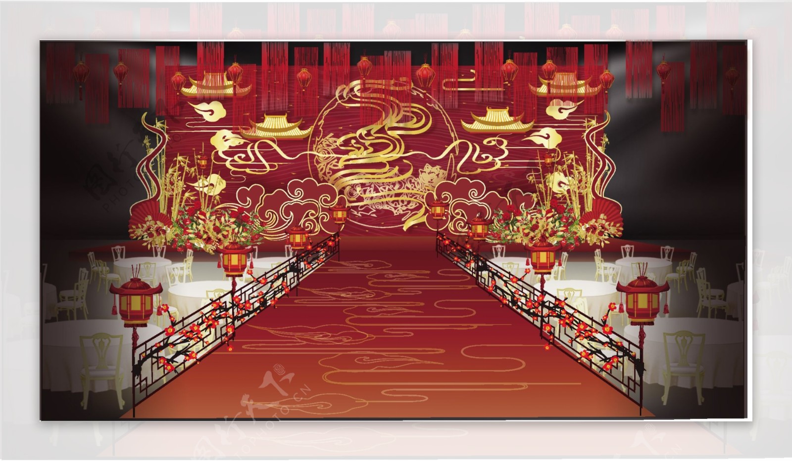 传统红色中式婚礼主舞台设计效果图