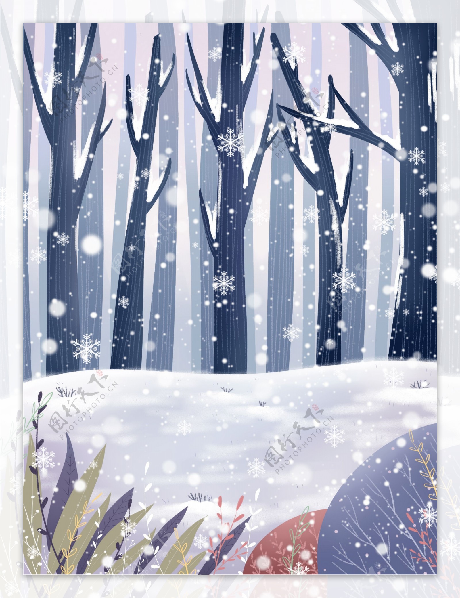 手绘树林漫天雪花背景素材