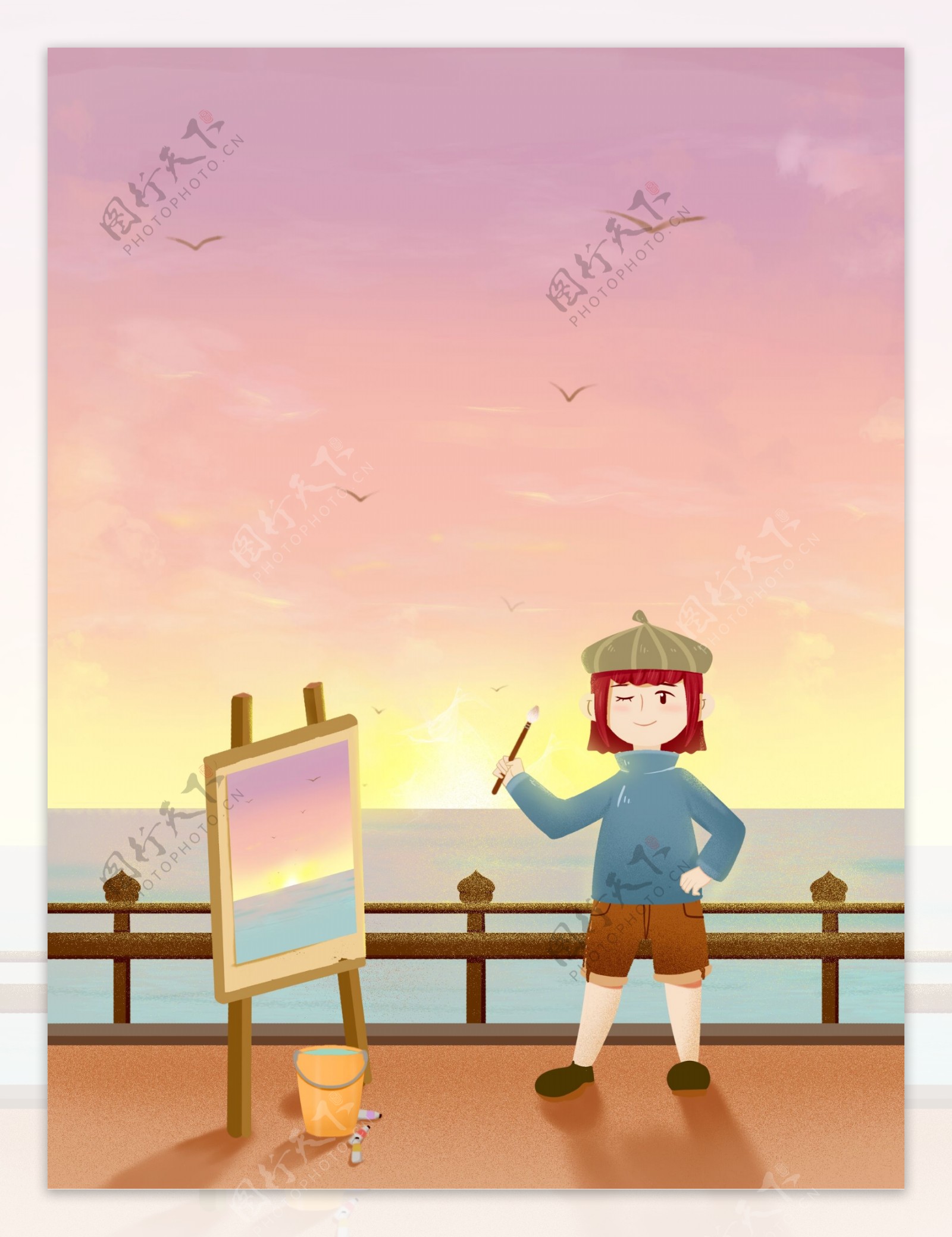 温馨紫色青年节画家男孩在海边画画