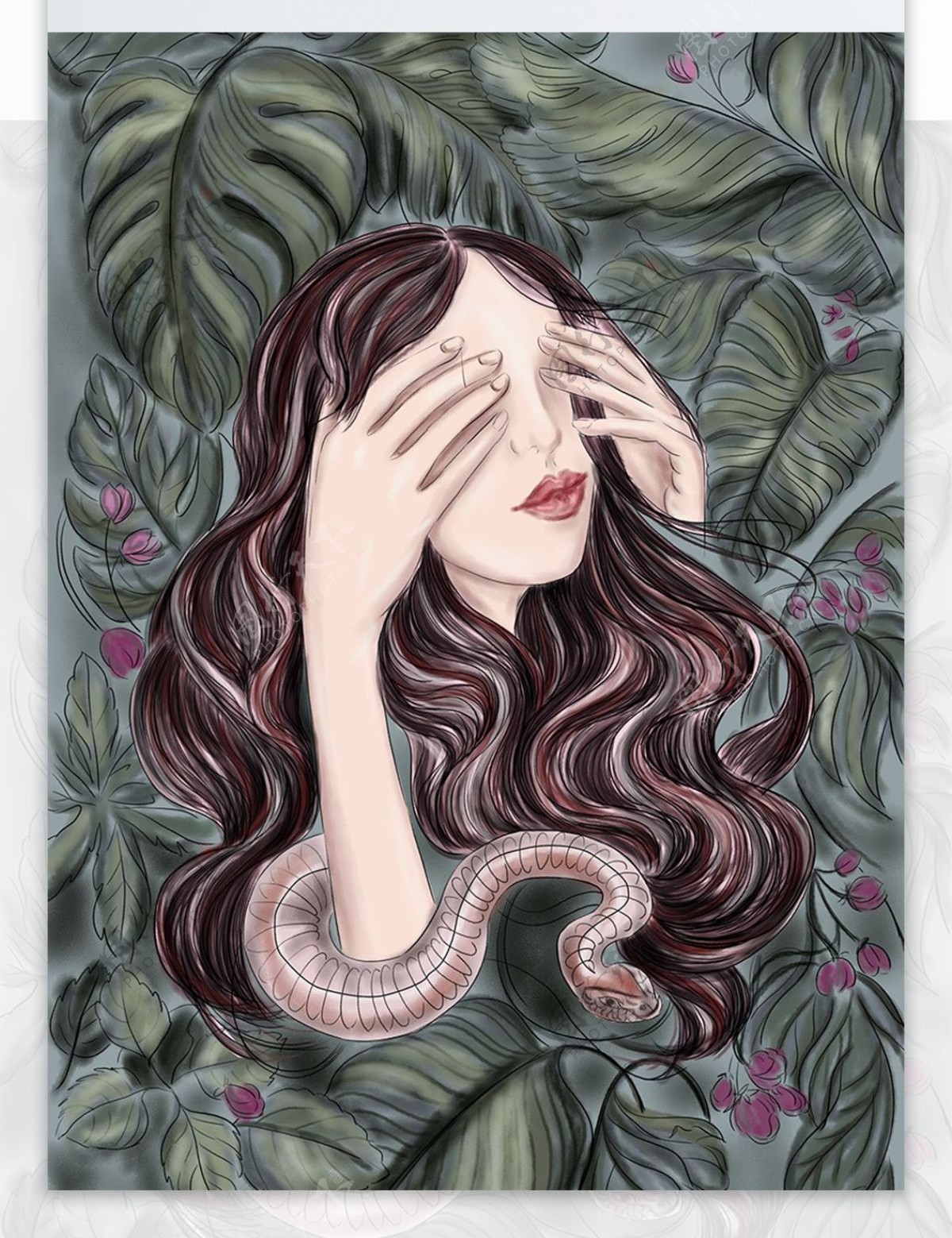 手绘植物背景蛇蝎美女时尚插画图案