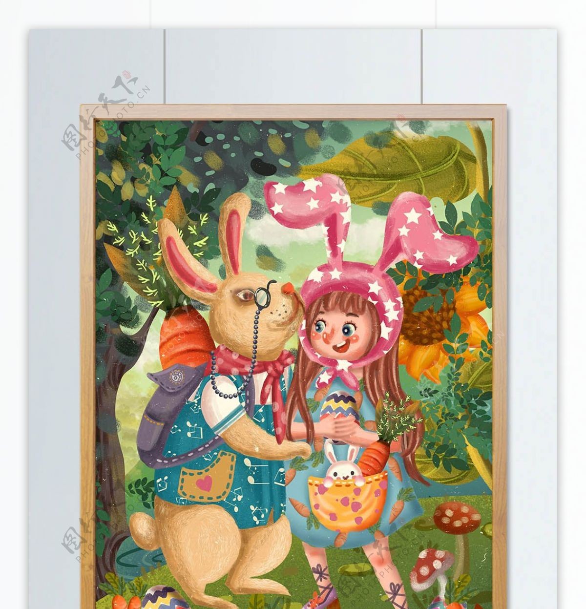 复活节节日兔子女孩儿童胡萝卜玩耍欢乐树林