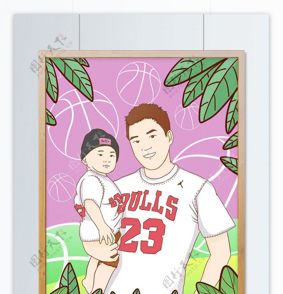 父亲节爸爸和儿子穿篮球衣合影手绘插画