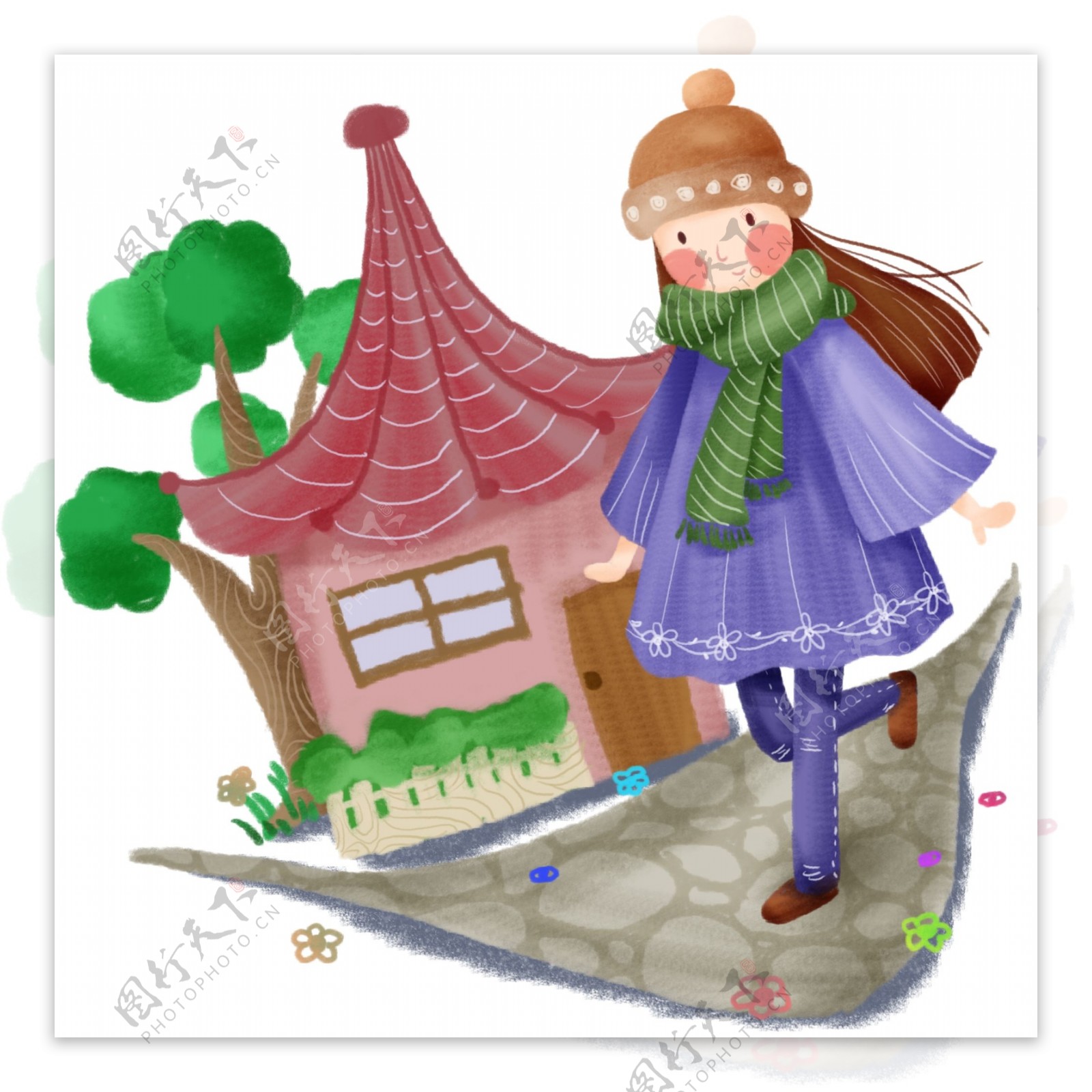 手绘可爱卡通小房子和小女孩