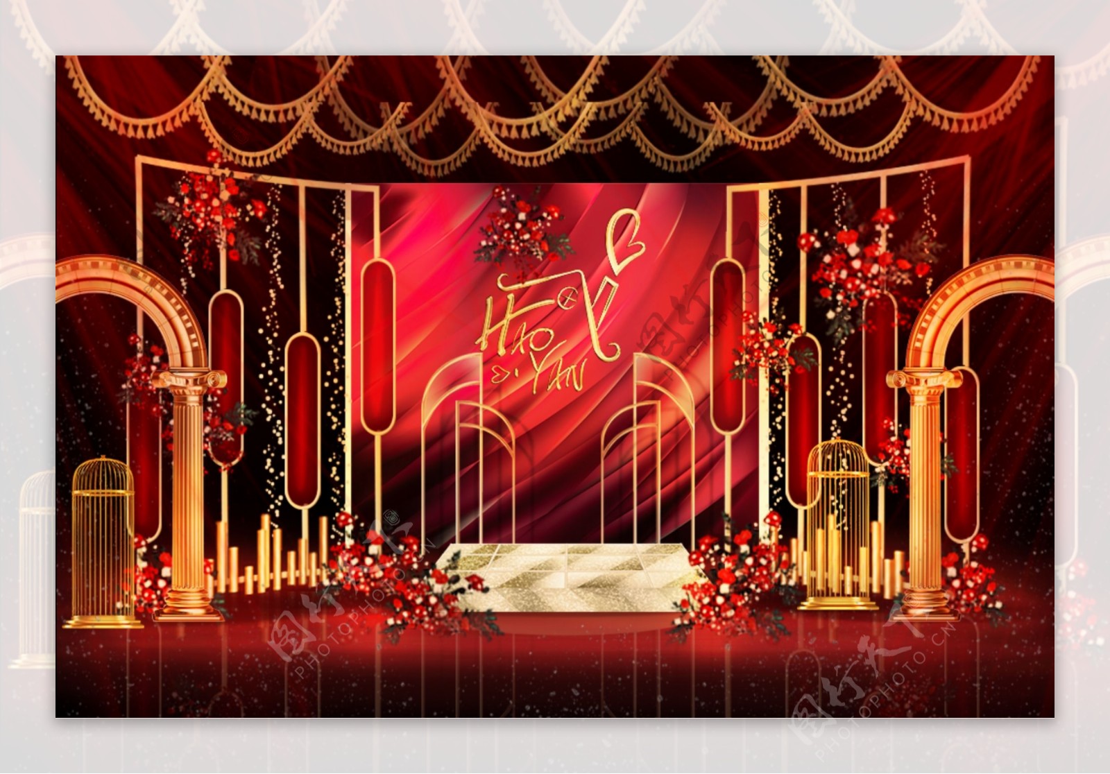 欧式红金大气创意造型舞台婚礼留影区图片_装饰画_建筑空间-图行天下素材网