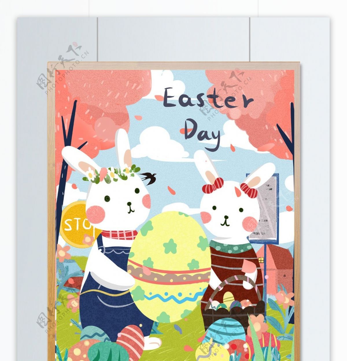 复活节兔子与彩蛋可爱小清新儿童插画