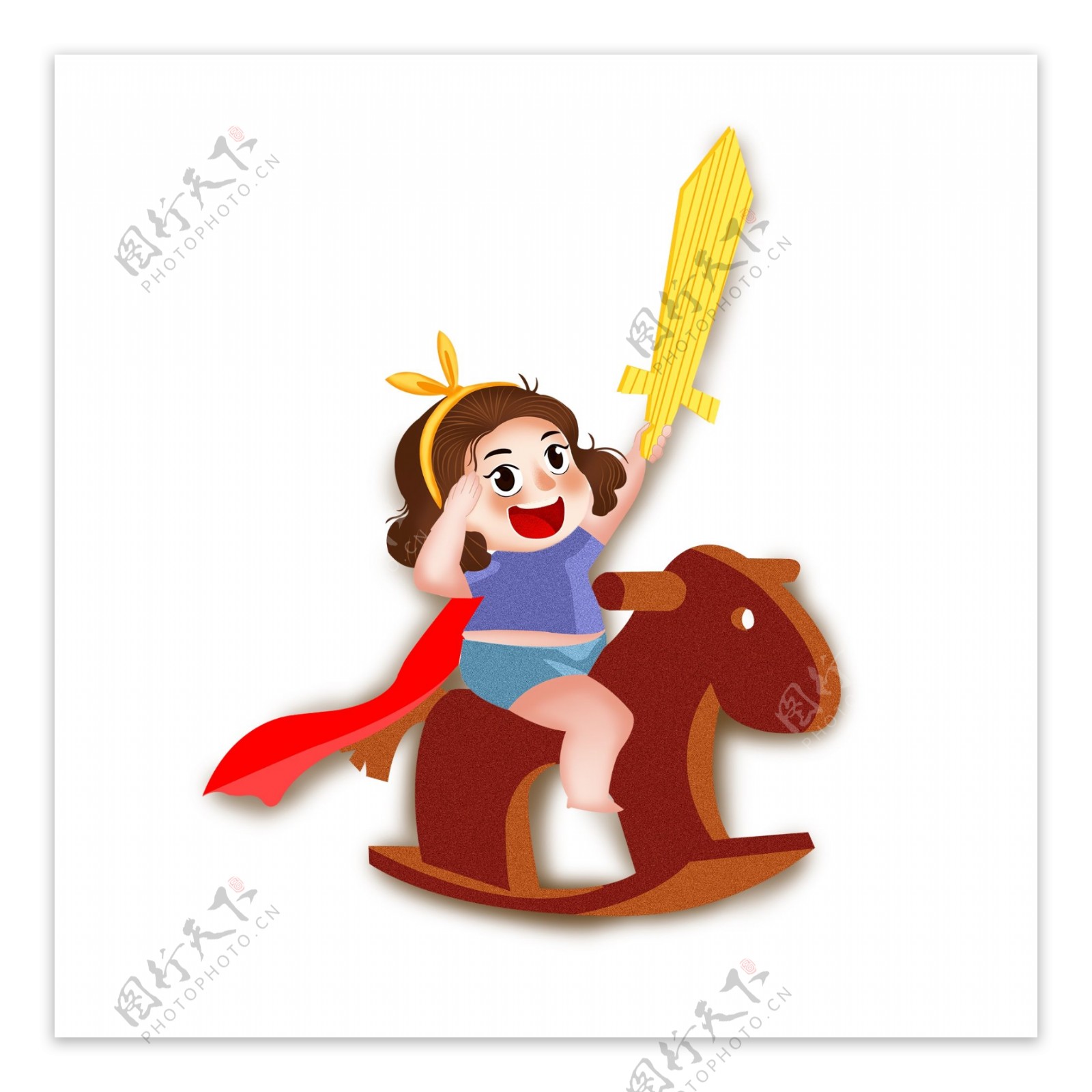 手绘儿童节骑着木马的女孩