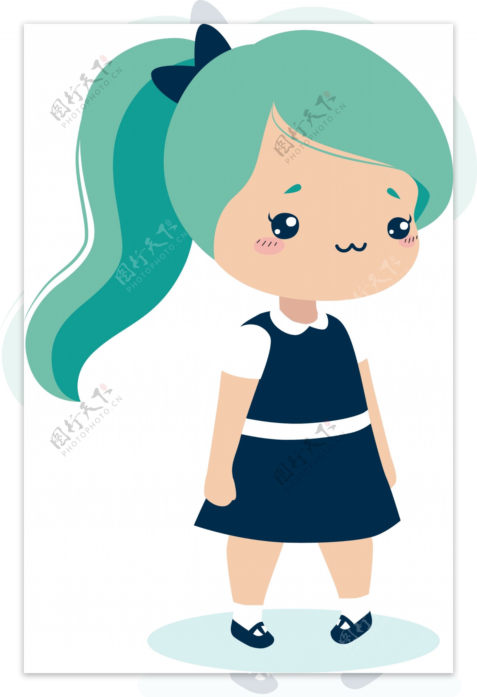 可爱卡通女孩蓝头发马尾矢量元素
