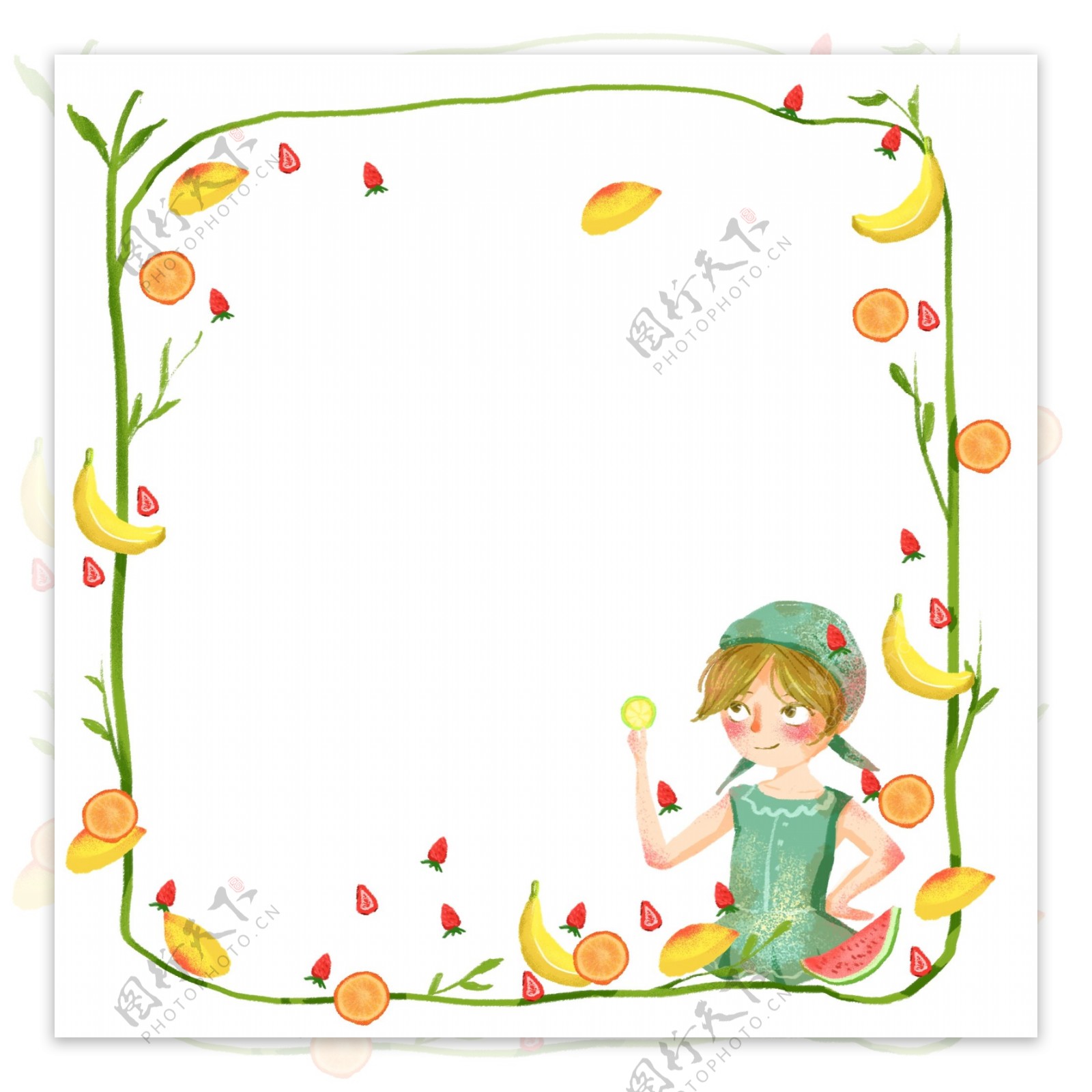 夏季小清新水果藤蔓小女孩边框海报素材