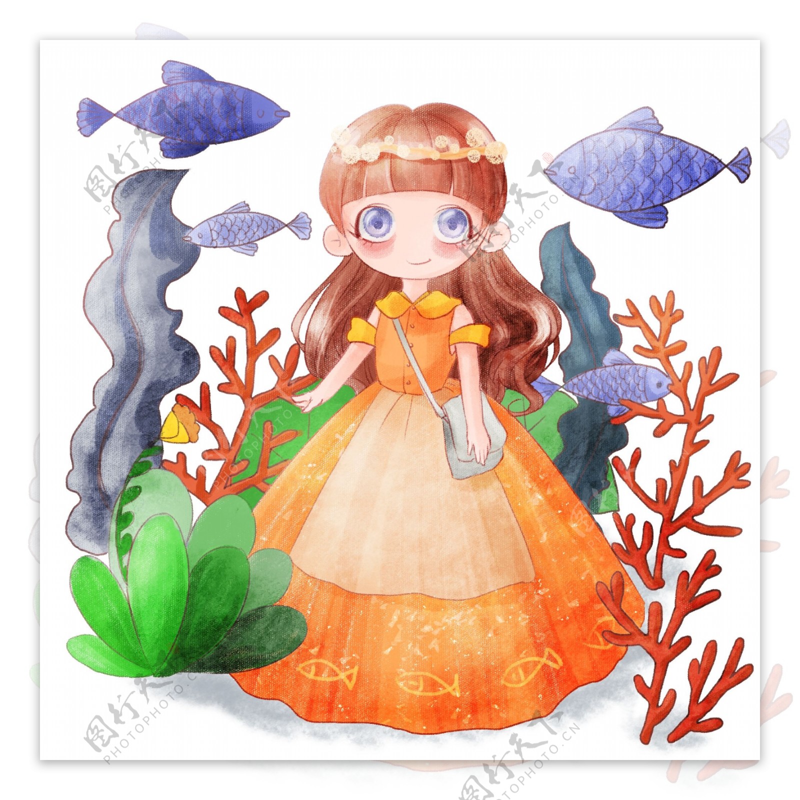 手绘可爱女孩深海海草和鱼