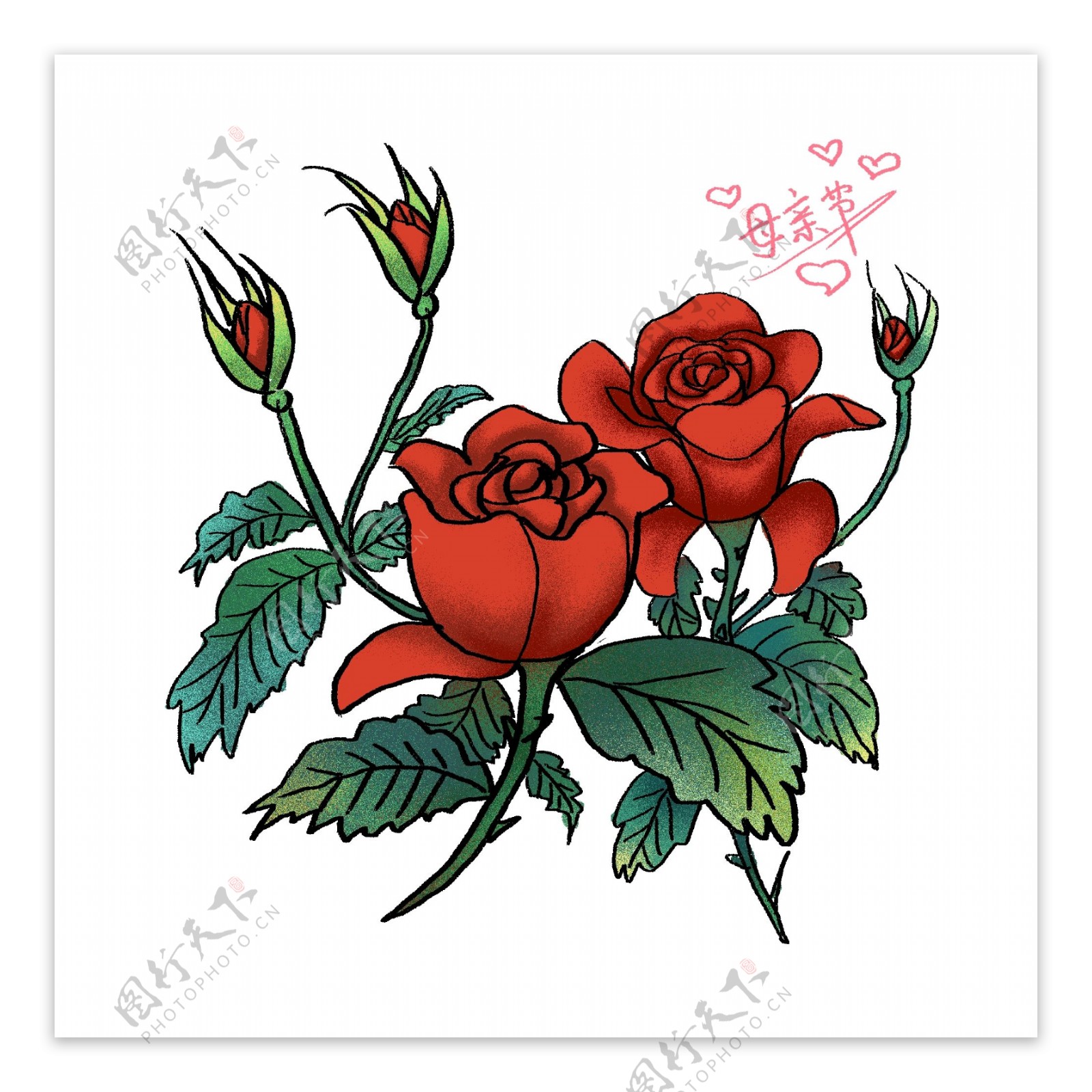 原创手绘母亲节玫瑰花元素