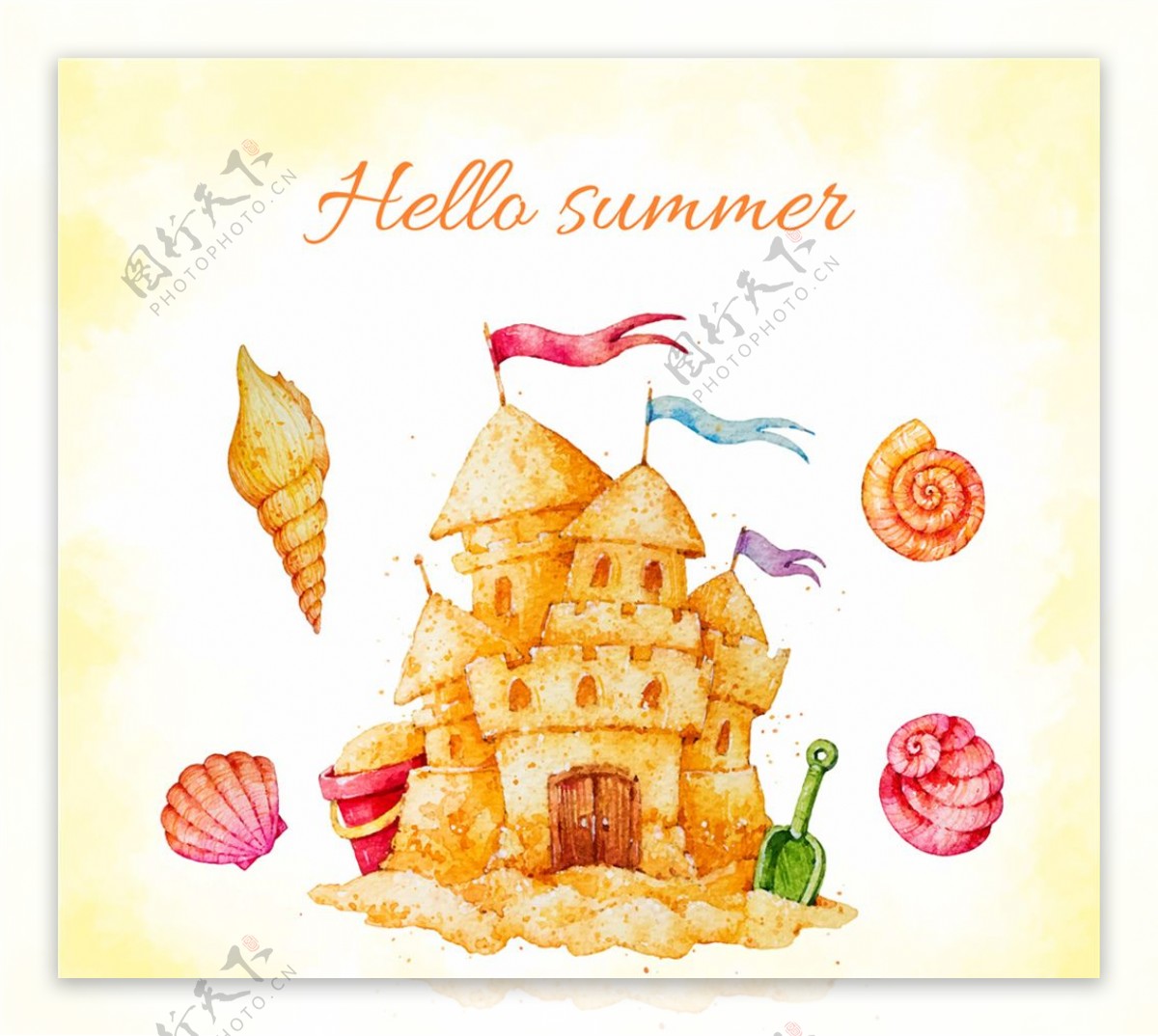 水彩绘夏季沙滩城堡和贝壳