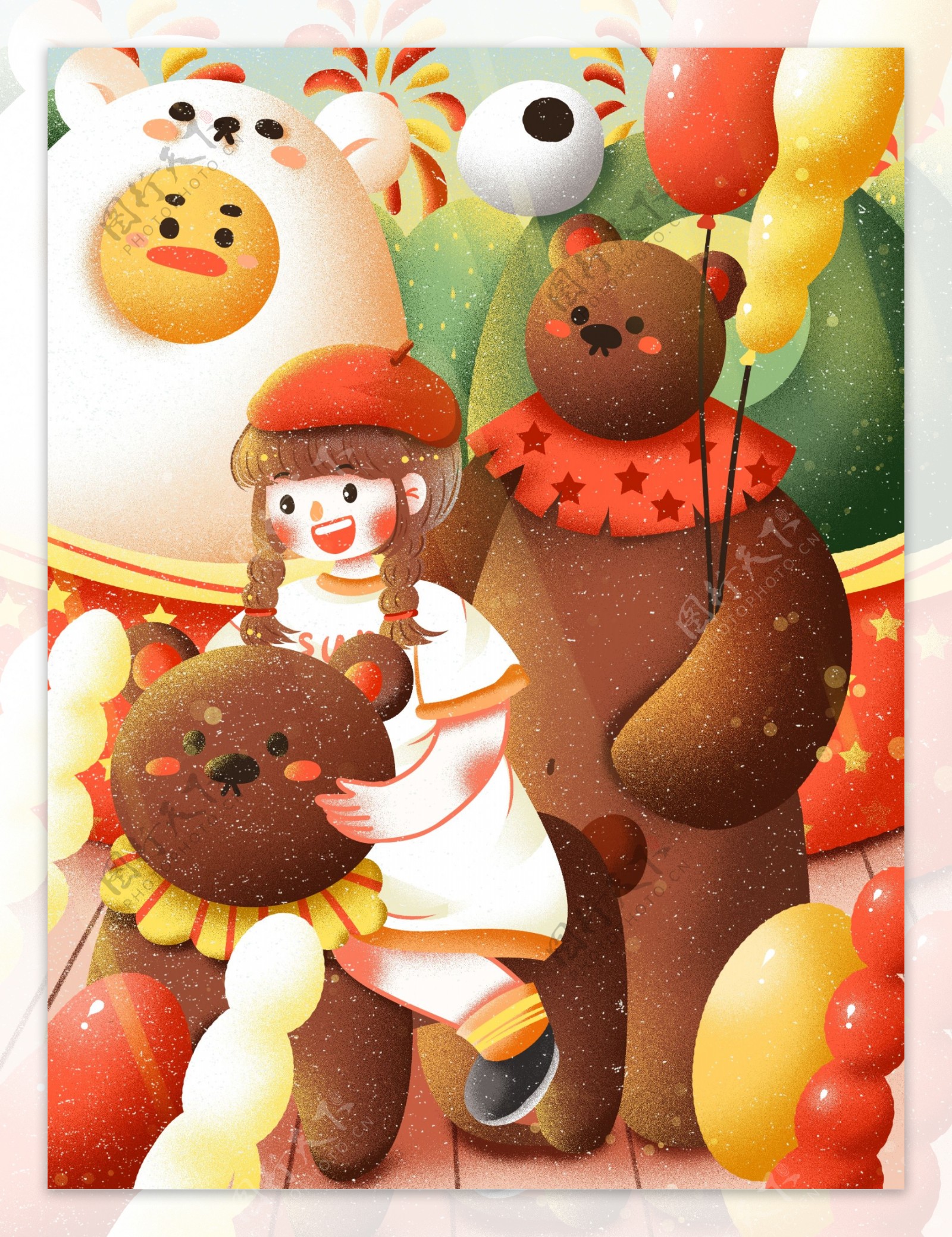儿童节可爱游乐园玩偶气球卡通扁平插画海报