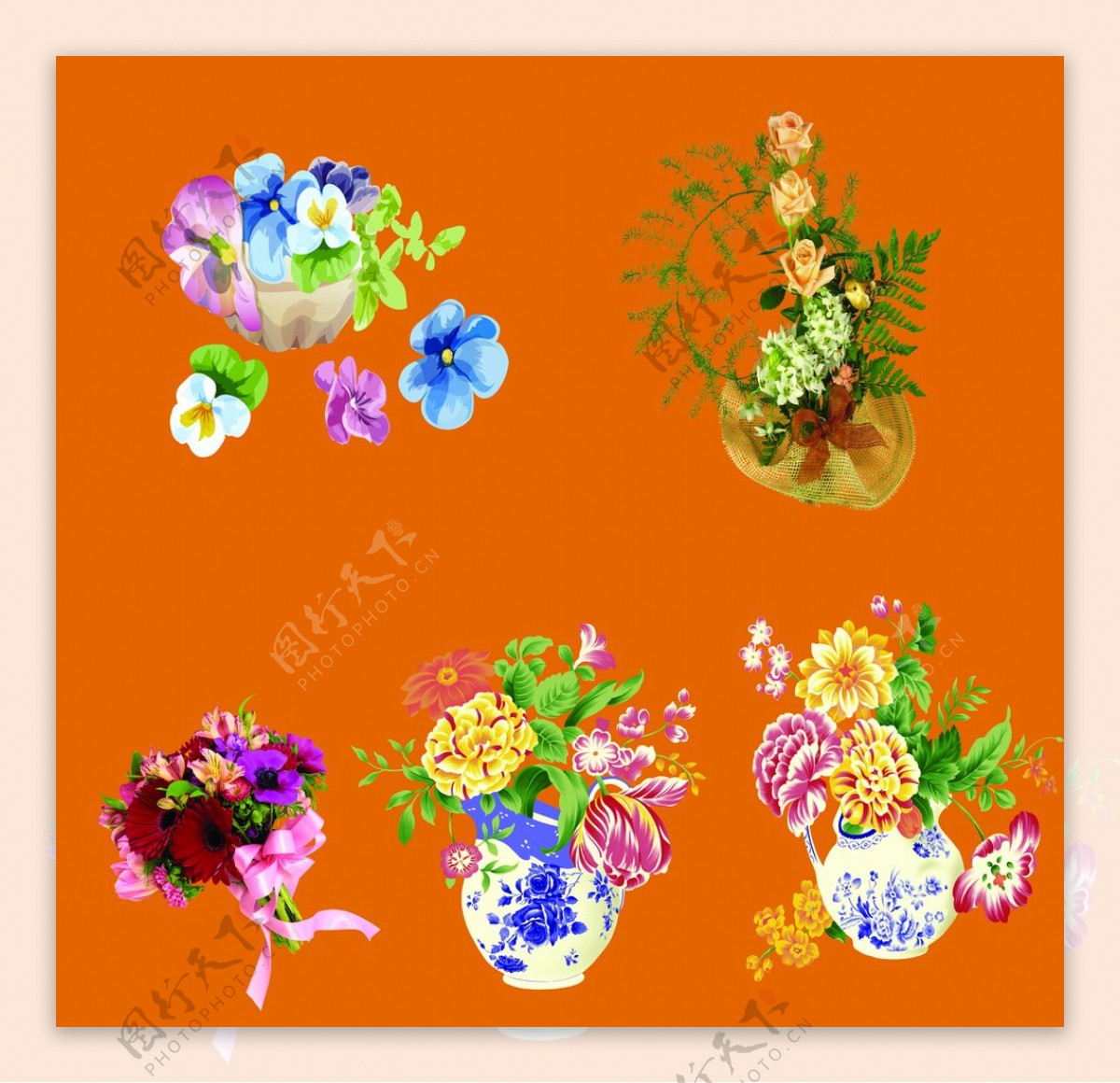手绘鲜花花饰与花束