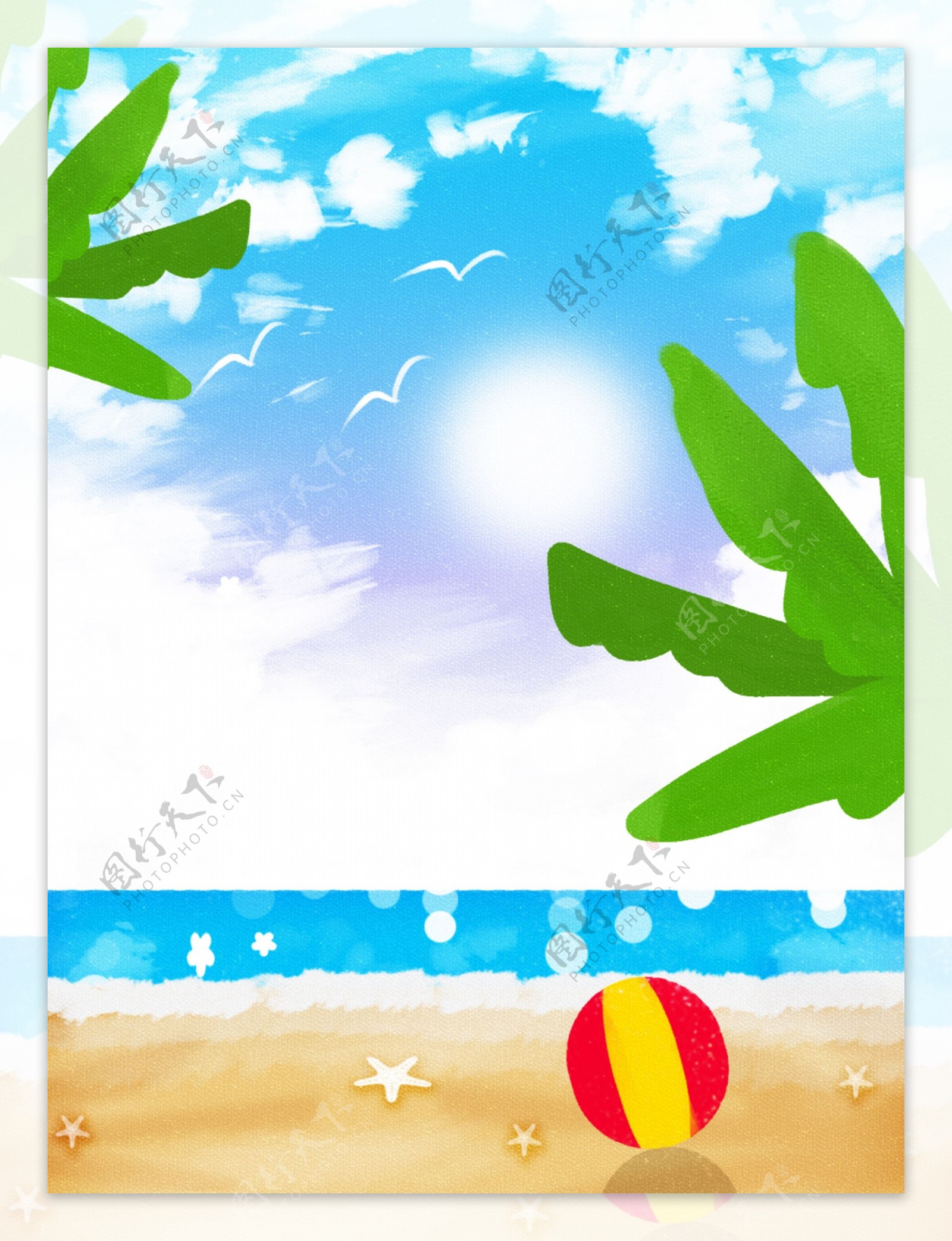 原创小清新手绘夏天海边度假背景