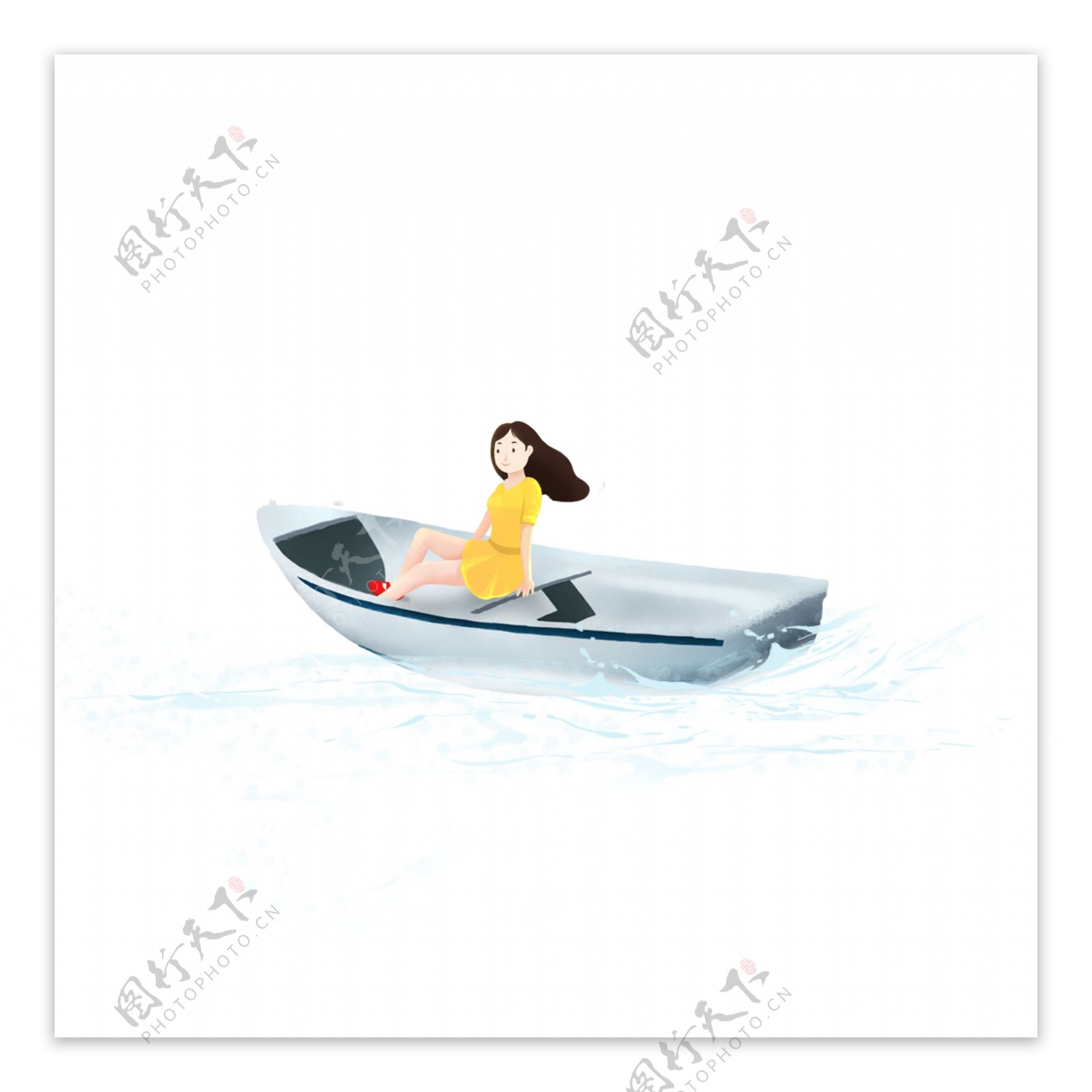 手绘坐船的女孩子插画人物