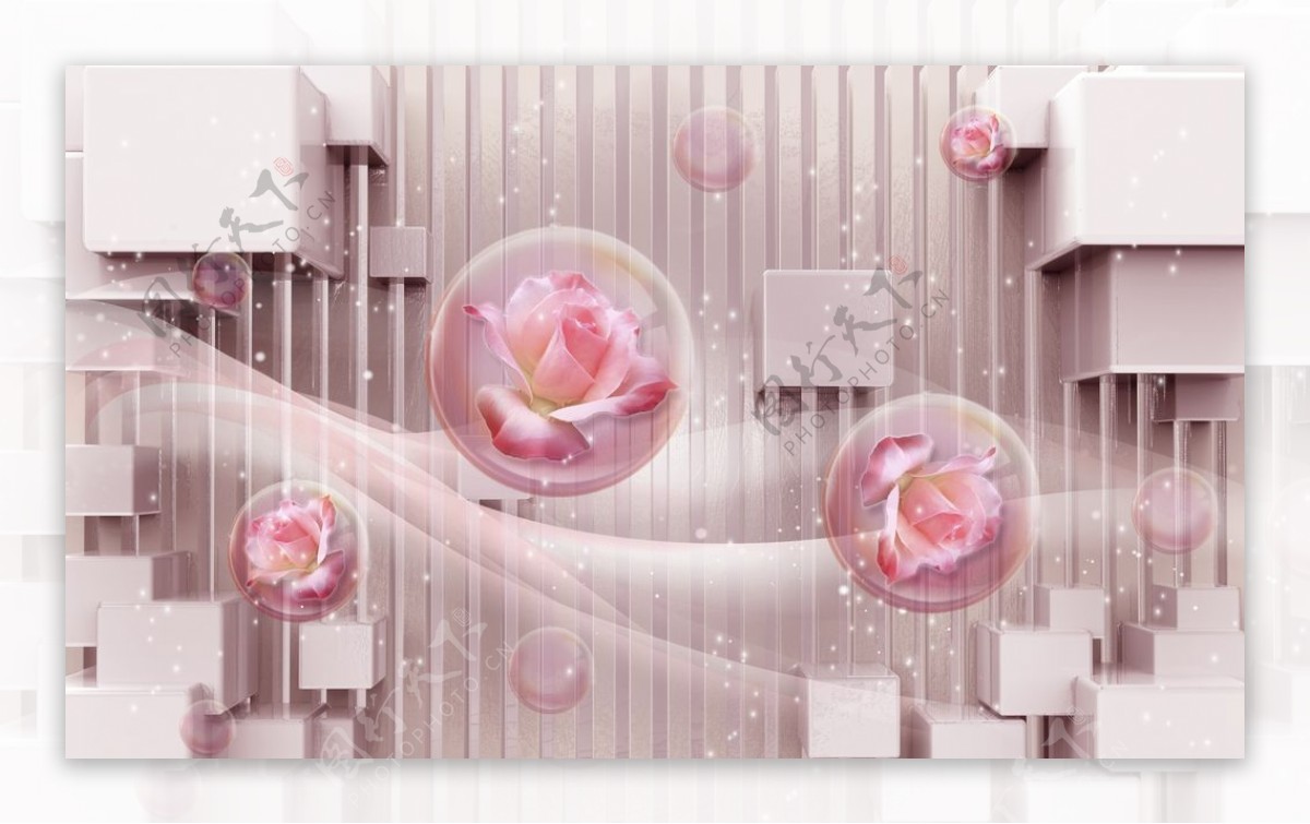 玫瑰泡泡立体方块背景立体装饰画