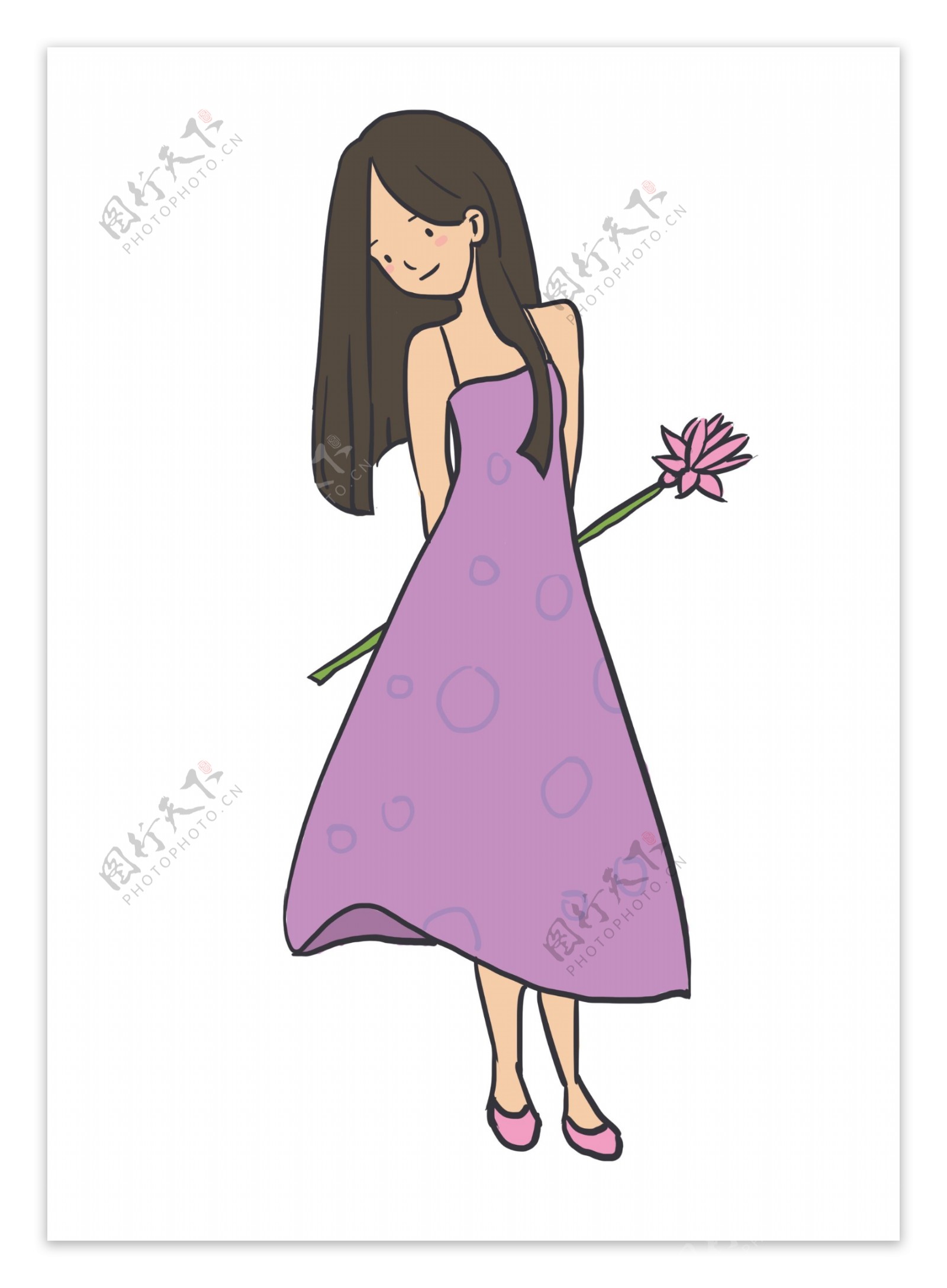 穿紫色裙子拿花束的少女
