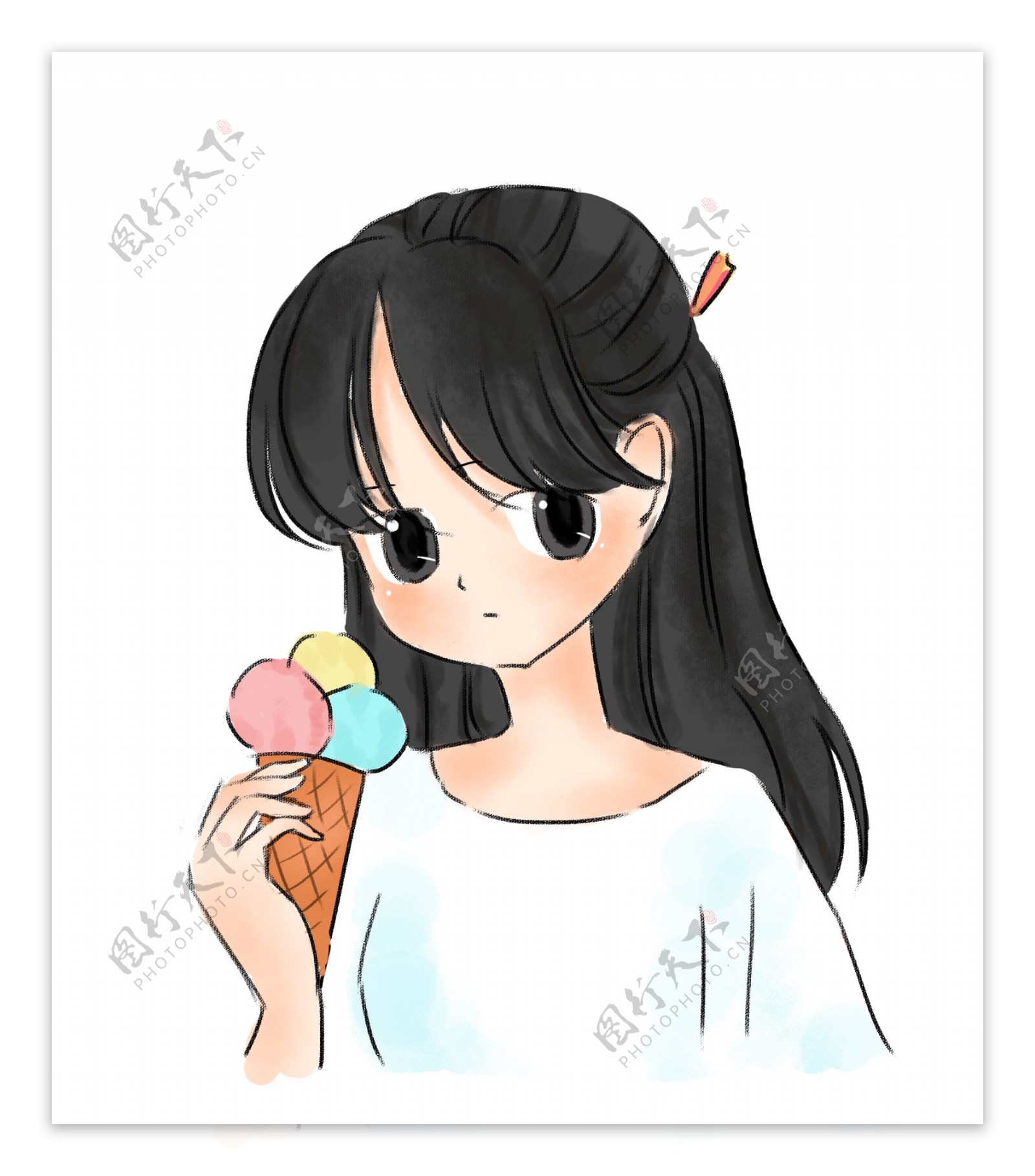 夏日女孩吃冰淇淋卡通手绘免扣PNG